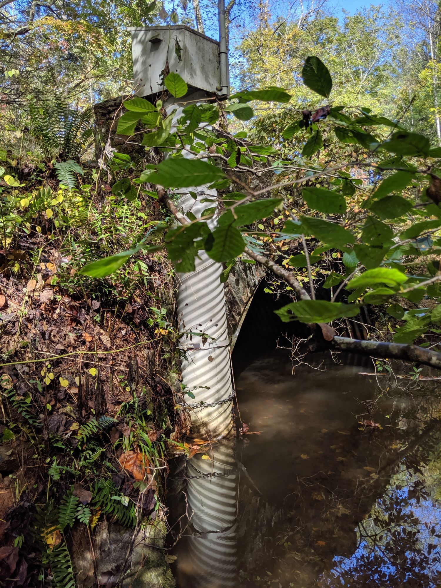 A ribbed pipe approximately 8" wide that extends approximately 6 feet up from a stream towards the back of the USGS stream gaging station box.