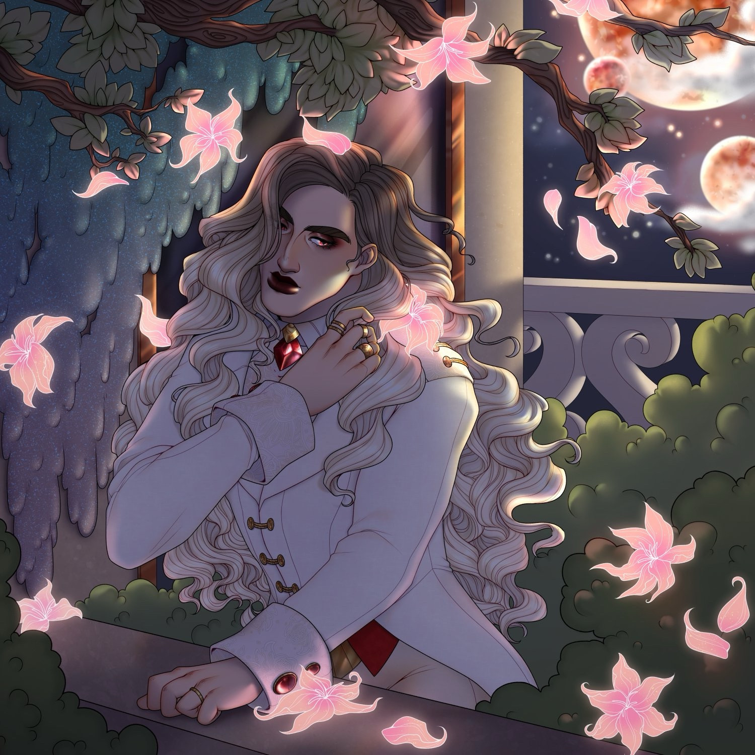 A androgynous character dressed in a princely looking white suit with red eyes and long blond curls standing on a balcony of sorts. It is night, there are three moon-like planets visible in the sky behind them and bioluminescent, peach coloured flowers falling from the tree above them