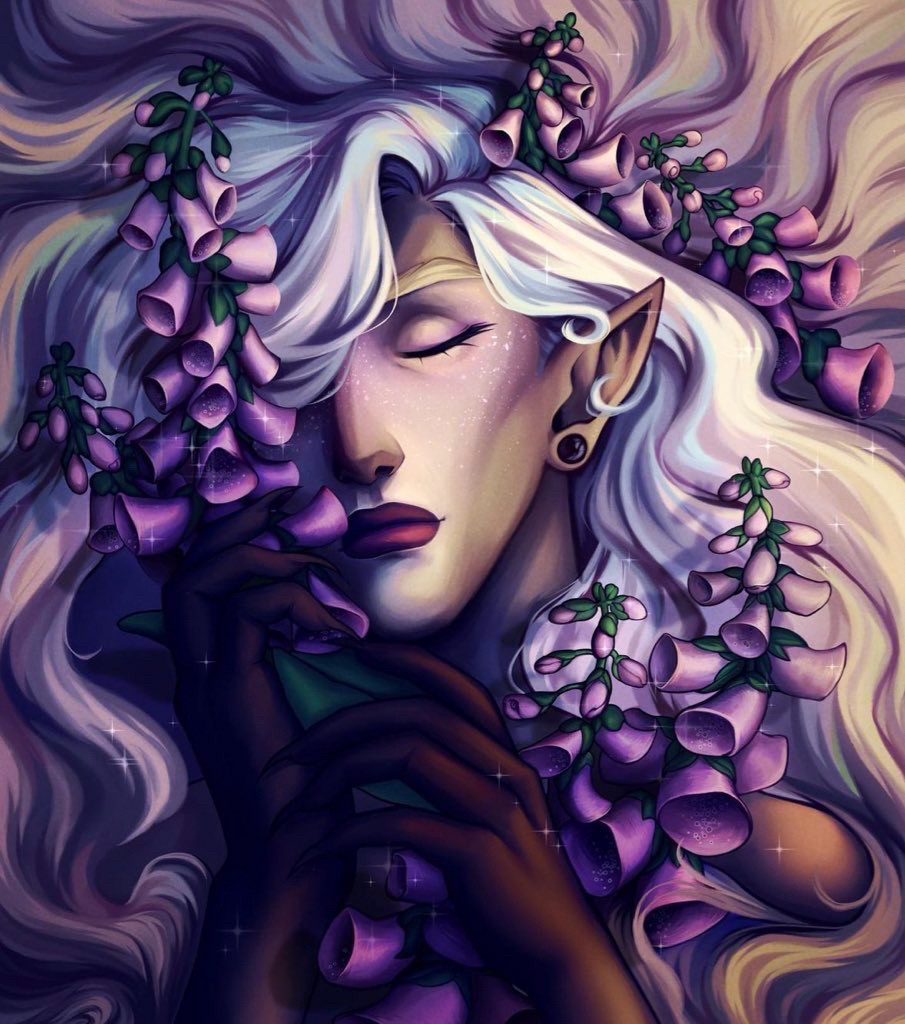 Portrait of an androgynous demon with long blond hair, and closed eyes, surrounded by purple foxgloves. The whole image has a magical sort of feeling to it