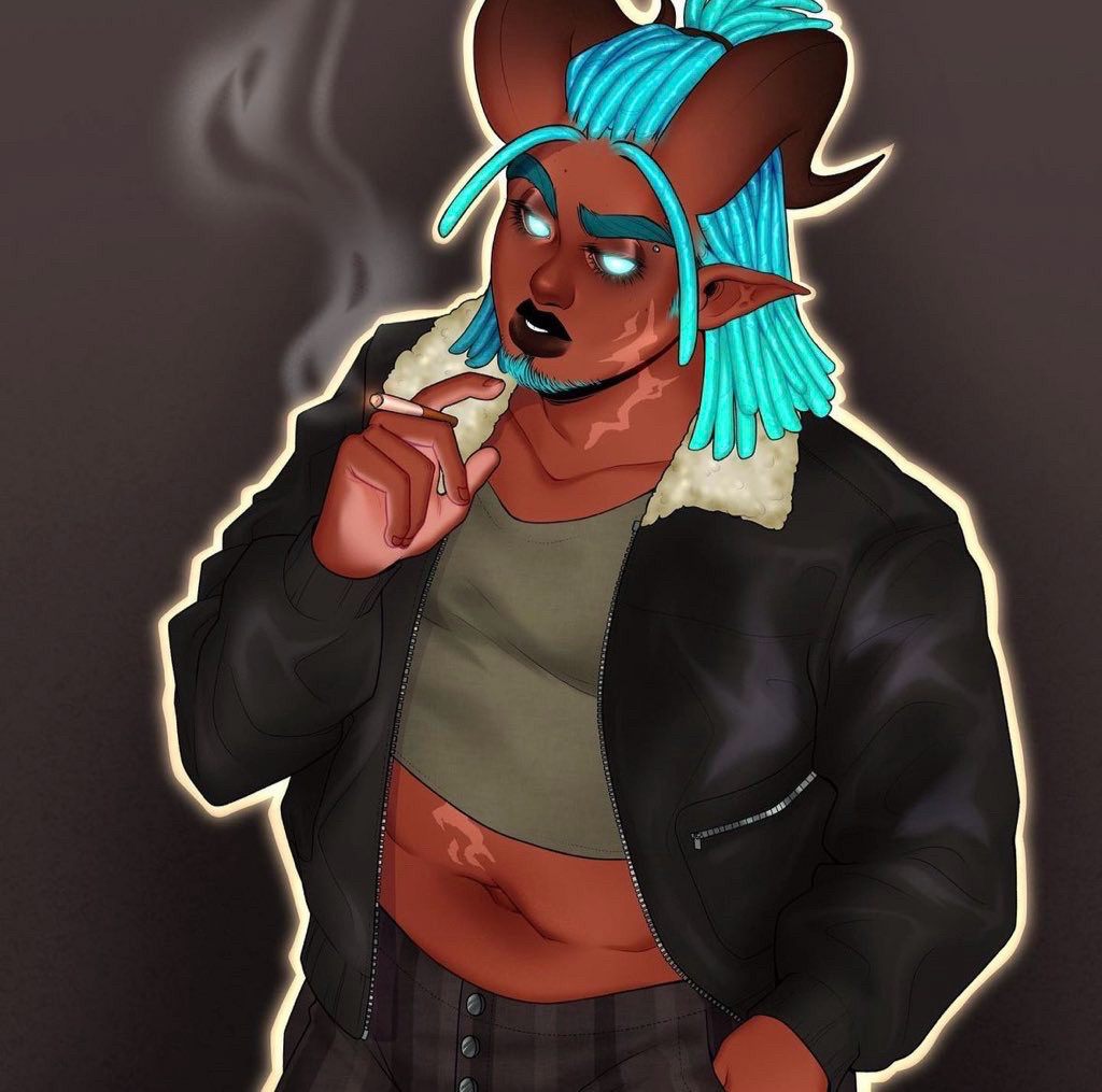 A dark skinned demon, visible from the waist up, with large horns, glowing blue eyes and shoulder length, bright blue locs. He’s wearing a crop top and a leather jacket and holding a lit cigarette in his right hand. He’s also definitely judging you