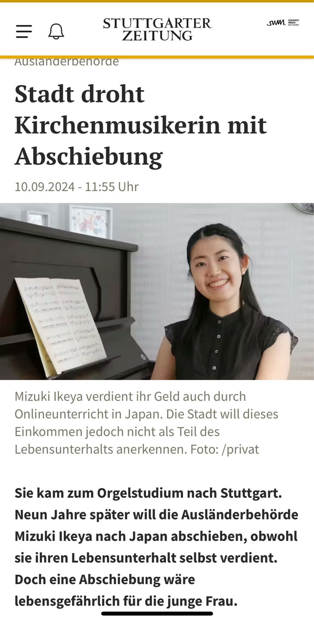 Screenshot aus der Stuttgarter Zeitung mit der Überschrift: „Stadt droht Kirchenmusikerin mit Abschiebung“