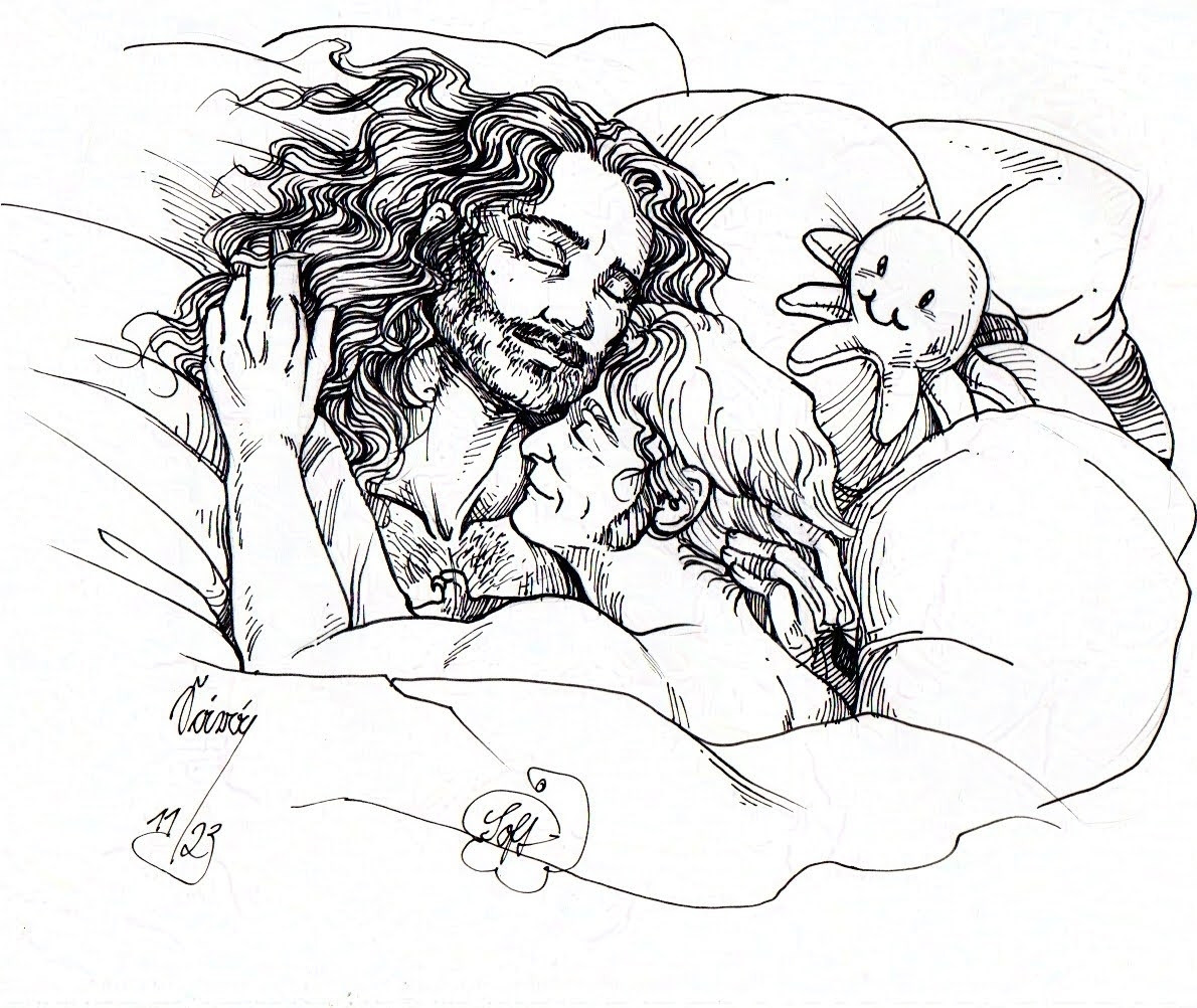 Black and white ink drawing of Ed and Stede cuddling in bed, while a plush octopus sits on a pillow next to them.