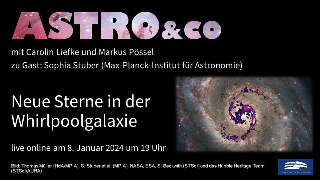 Ankündigung der Online-Talkrunde zum Thema "Neue Sterne in der Whirlpoolgalaxie" mit Carolin Liefke, Markus Pössel und Sophia Stuber am 8. Januar 2024 um 19 Uhr live auf der Facebook-Seite und auf dem Youtube-Kanal des Hauses der Astronomie mit einem Hubble-Bild der Whirlpoolgalaxie überlagert mit Konturen einzelner Sternentstehungsgebiete in Falschfarben