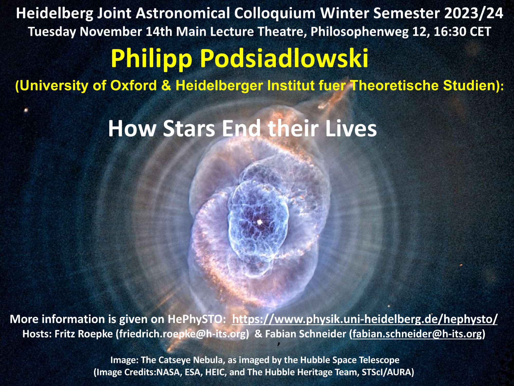 Ankündigung des Vortrags "How Stars End their Lives" von Phillip Podsiadlowski am 14. November 2023 um 16:30 Uhr im Philosophenweg 12 und online via Zoom. Im Hintergrund ein Hubble-Bild eines bipolaren Planetarischen Nebels