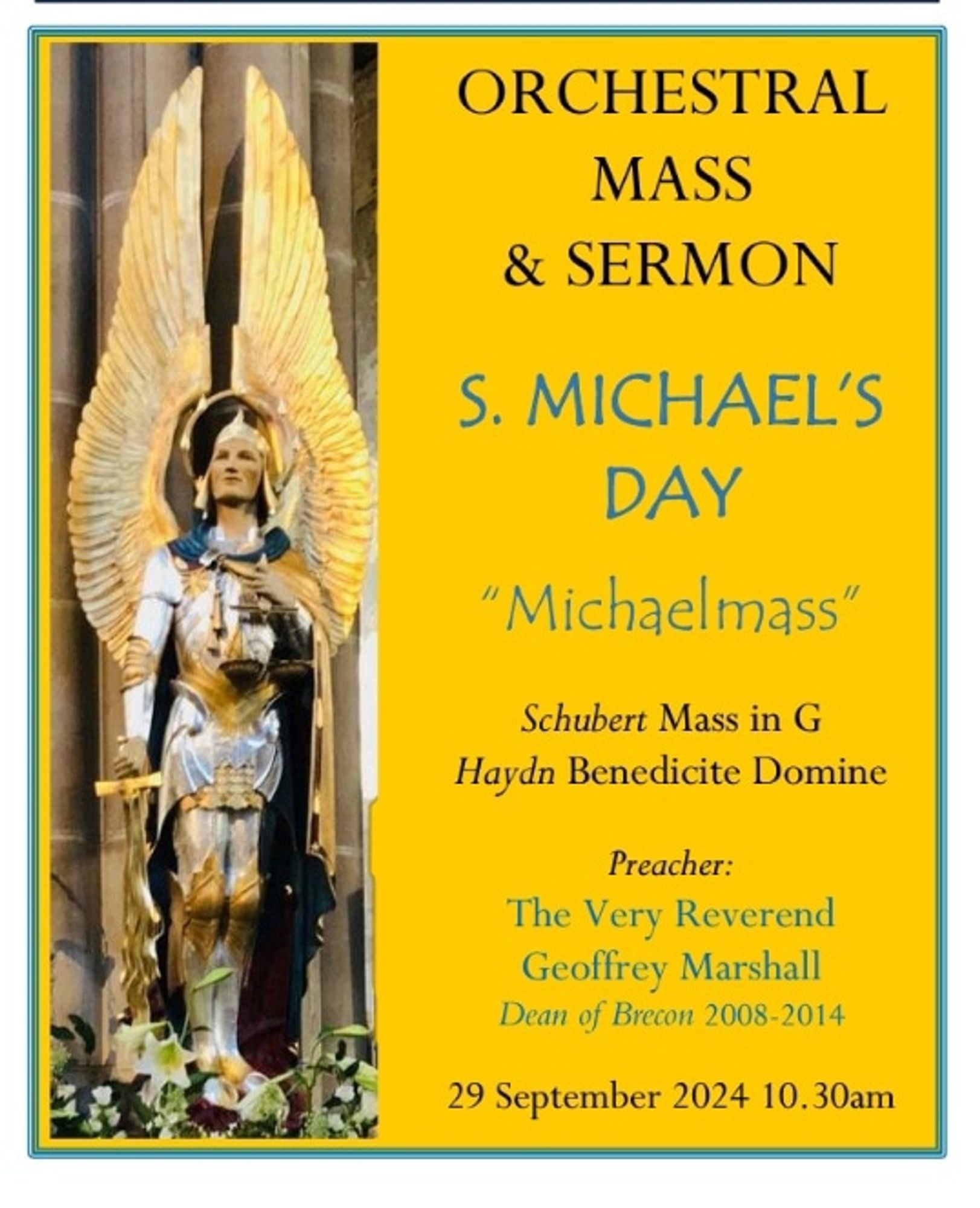 Poster showing our 1939 statue of the archangel Michael and all the text in the skeet, along with the fact that our wonderful choir will on this occasion be accompanied by an orchestra.