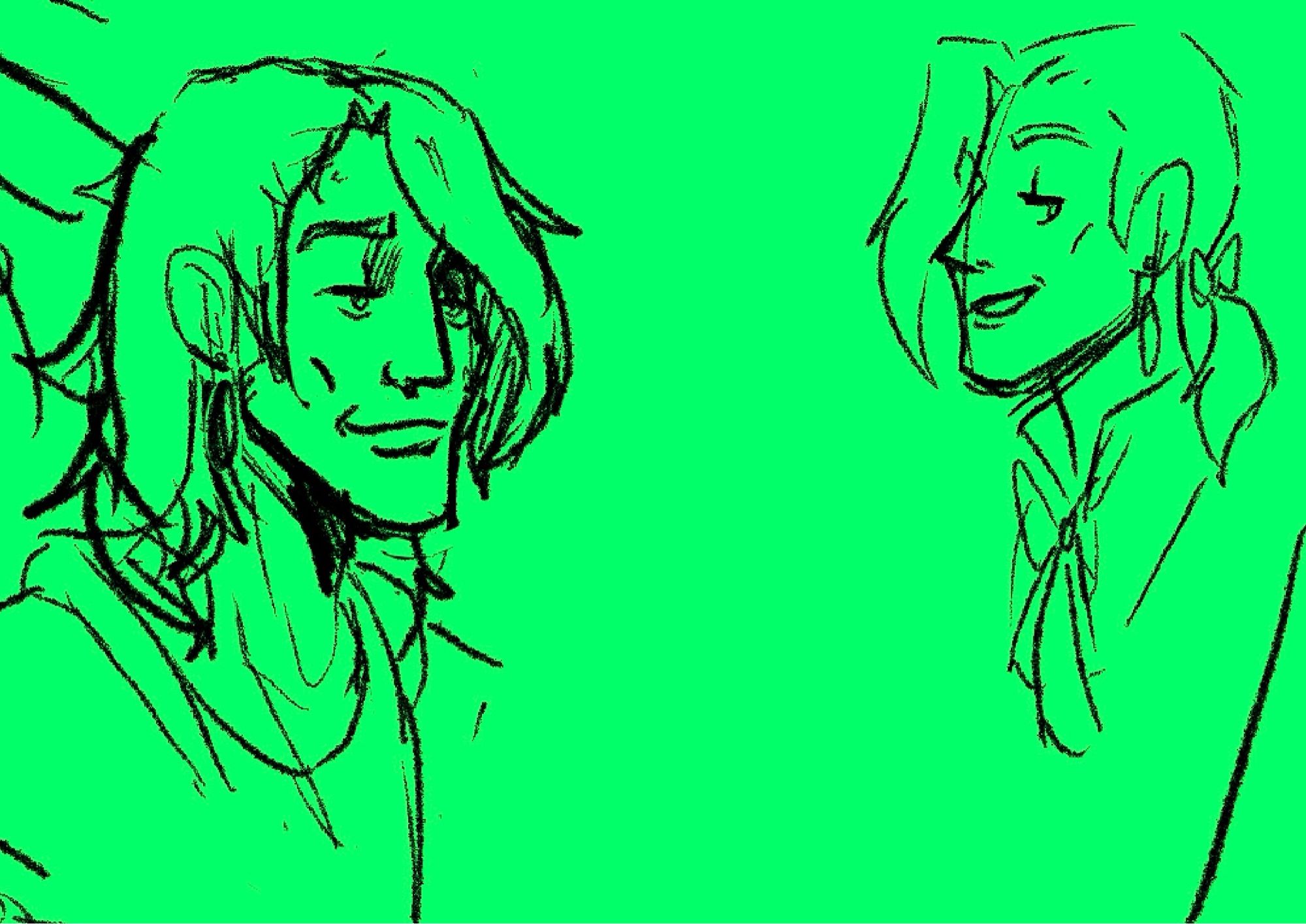 Doodles of a foppish man with long hair, loose in one sketch and in a ponytail in the other 🌌✨