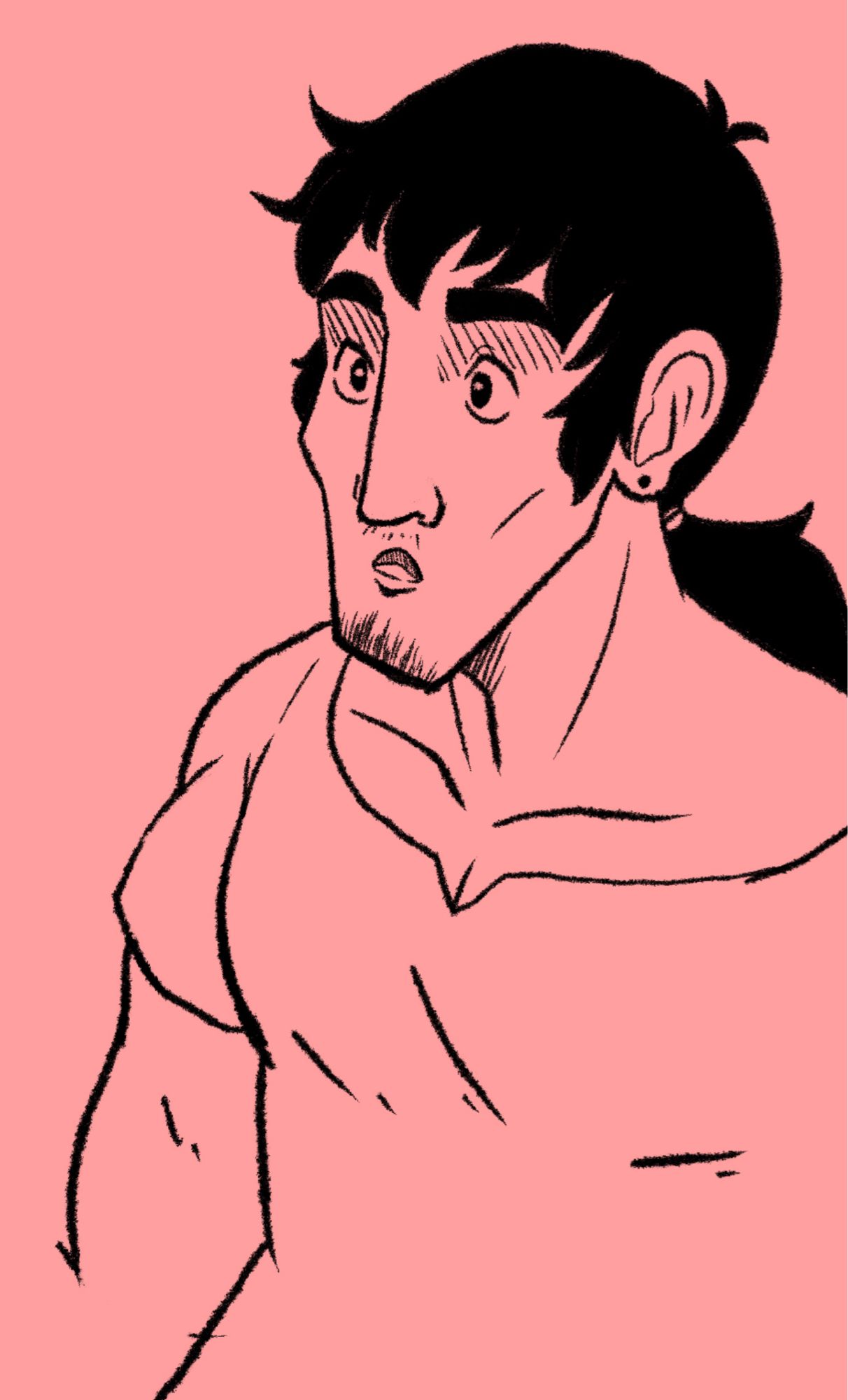 Closeup on a drawing of a young person in their early twenties with long black hair and a muscular build. They have a kind of surprised expression