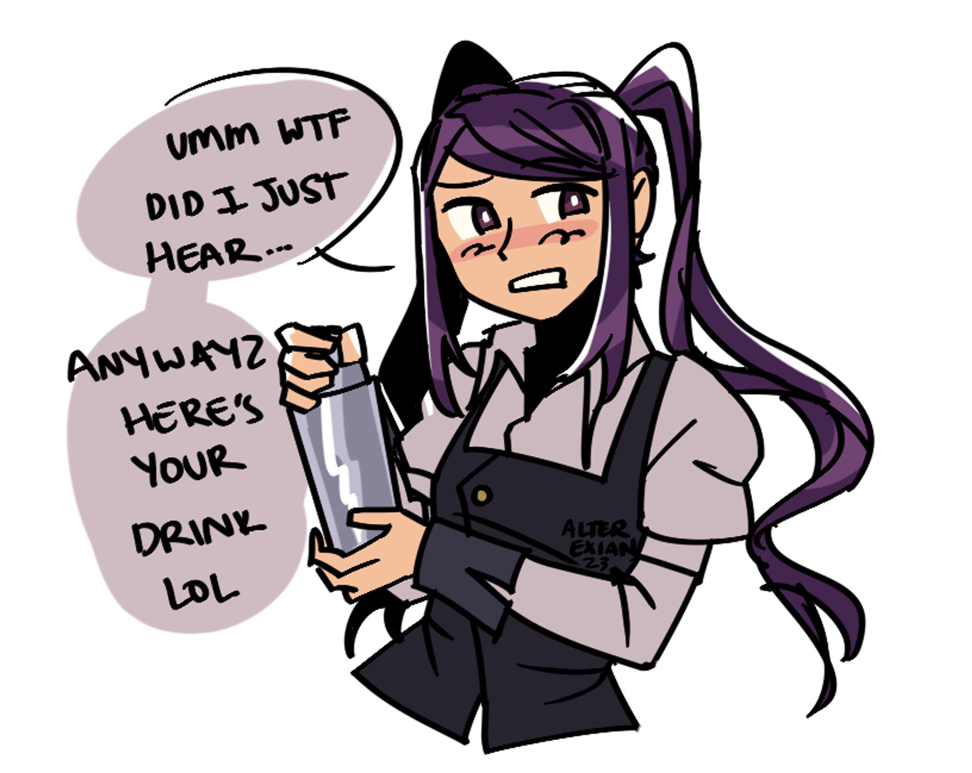 Jill from Va-11 Hall-a cyberpunk bartender mixing a drink with a concerned expression saying, "umm wtf did i just hear... Anywayz here's your drink lol". The drawing is a half body, coloured in a dull purple colour palette.