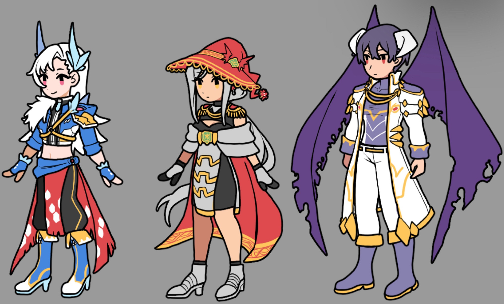 First gijinka design in the image is of Hexeblaumon, second is Medieval Dukemon, and third is Dynasmon