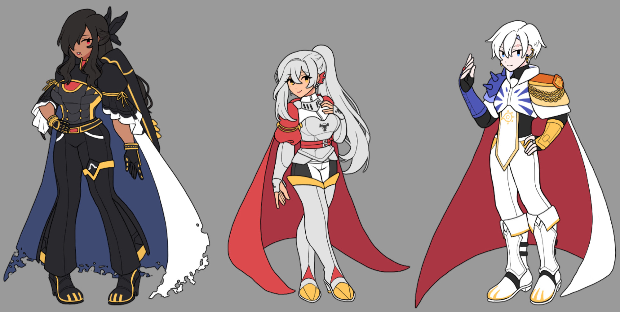 First gijinka design in the image is Alphamon, second is Dukemon, and third is Omegamon