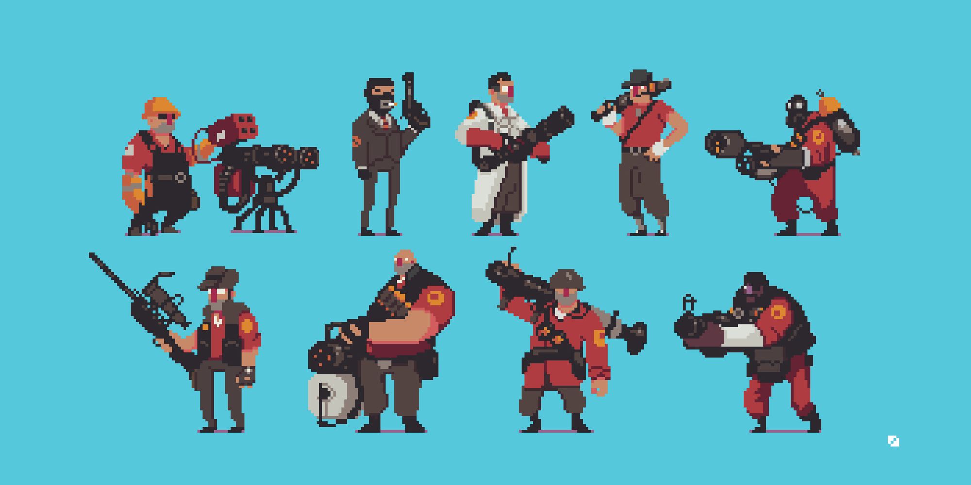 Pixel art renderings of Team Fortress 2 characters