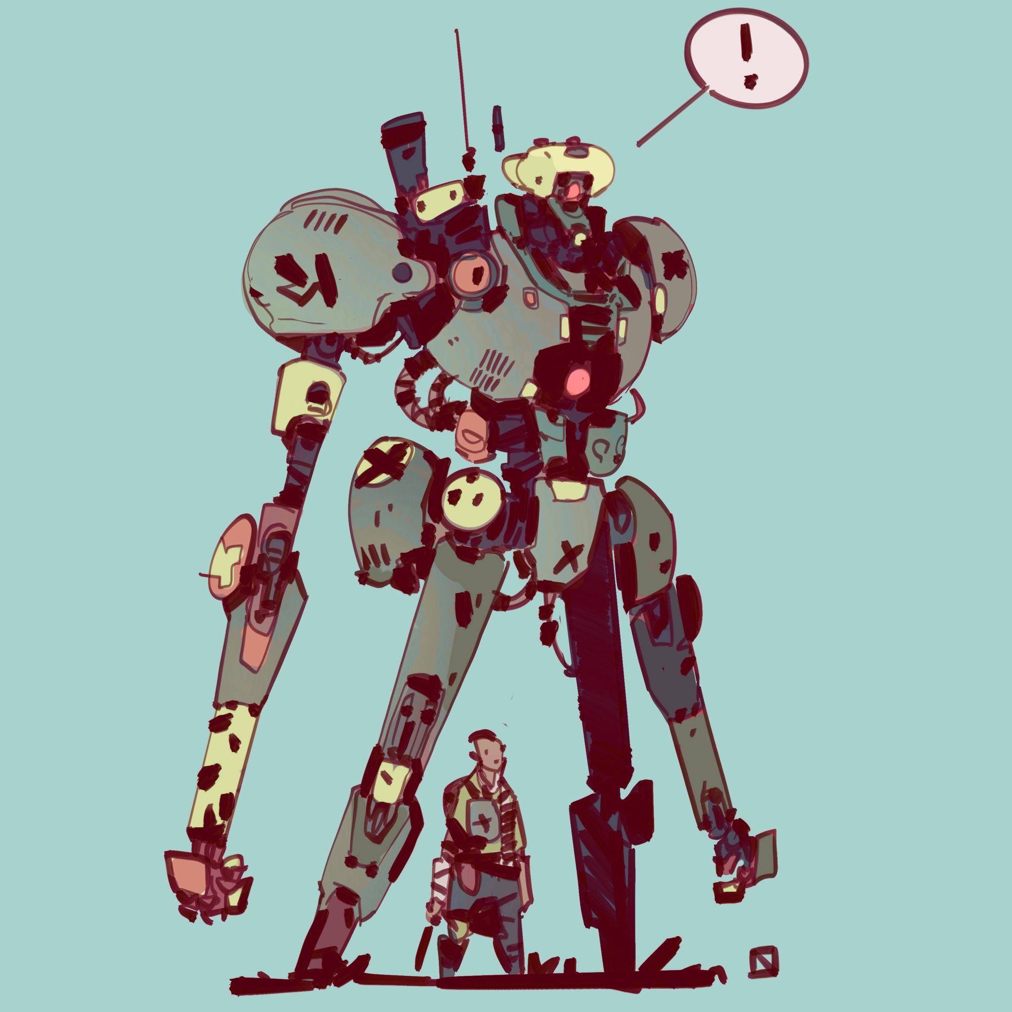 A man stood underneath a large robot, all in a muted cool colour pallet.