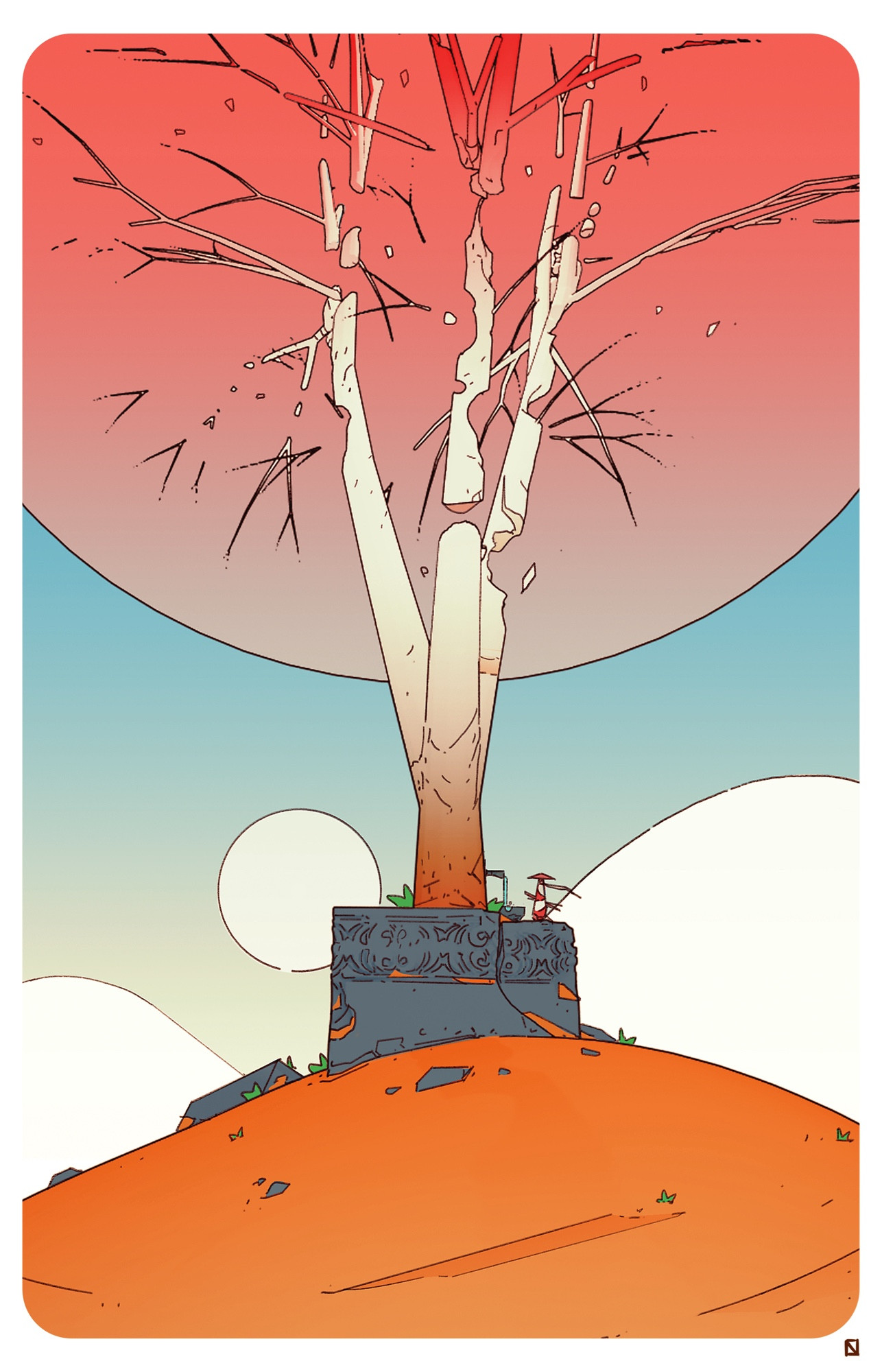 An illustration of a scifi landscape with a giant white tree sat on a desert hill with a red sun behind it.