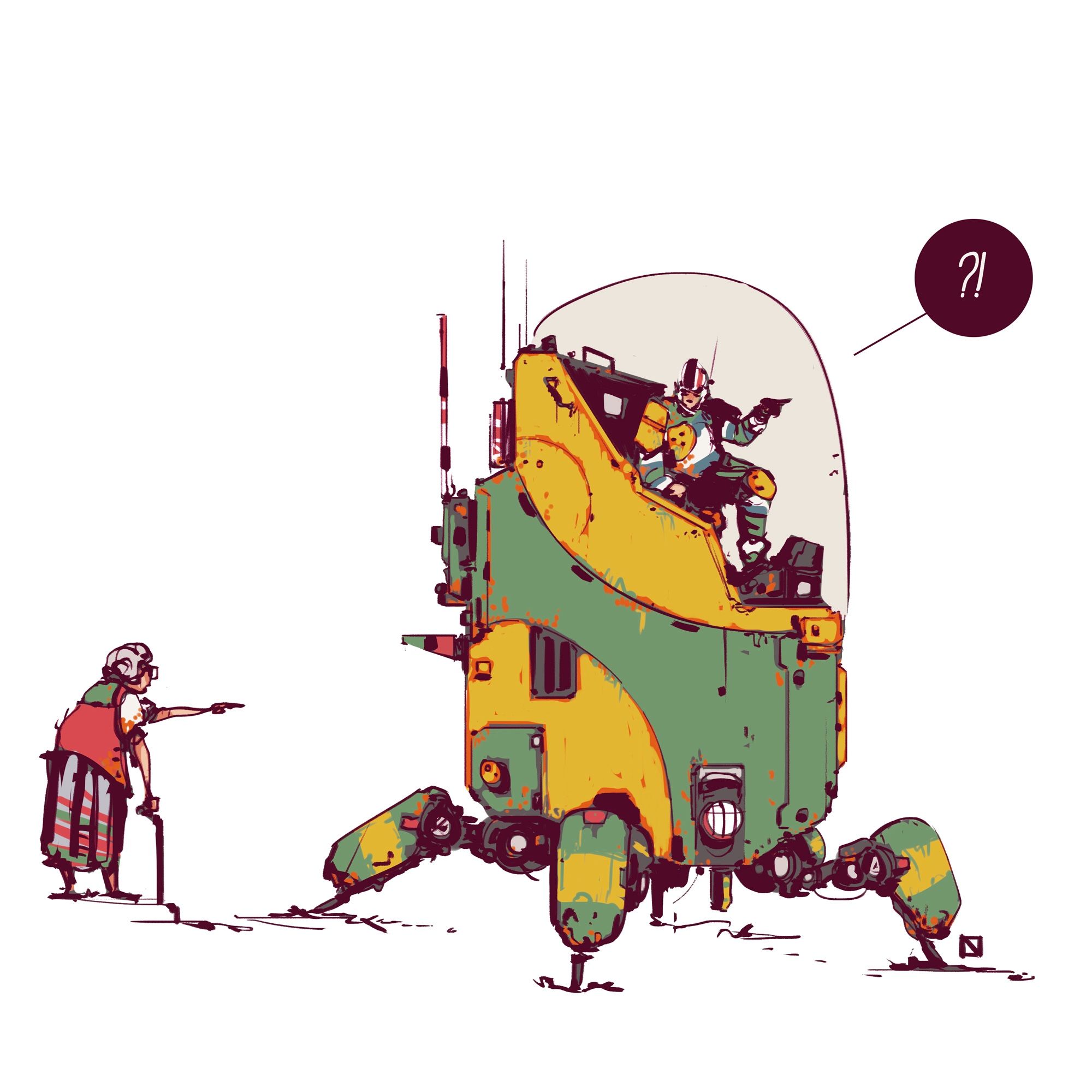 A mech pilot asking an elderly lady which direction to go.