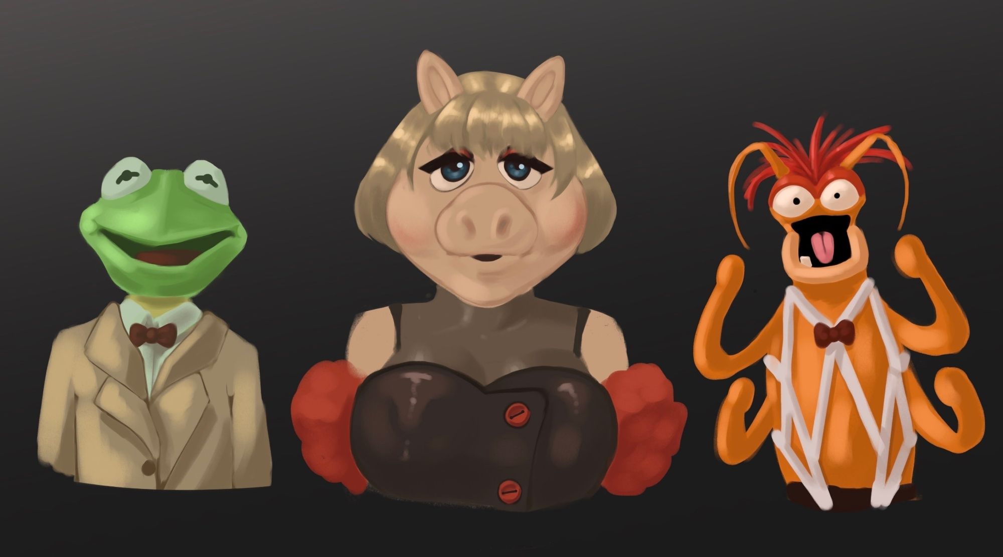 Kermit, miss piggy and Pepe the King Prawn as Cliff Bradshawn, Sally Bowles and the Emcee from Cabaret digital art piece