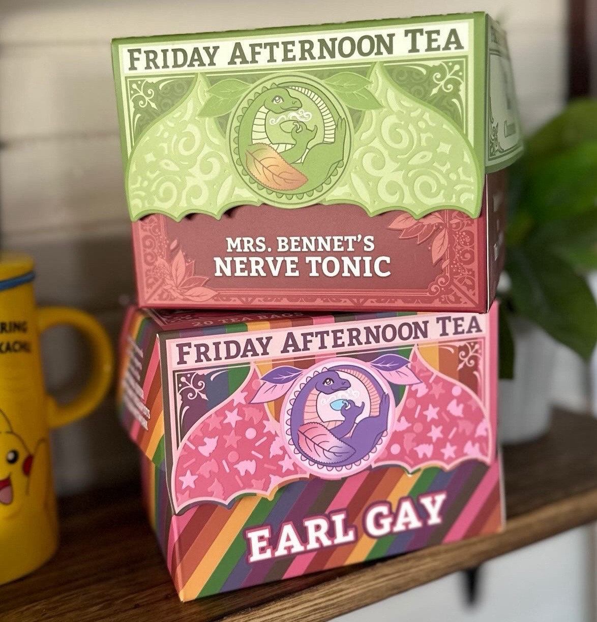 Two gorgeous cardboard teabag boxes in a stack: Mrs. Bennet's Nerve Tonic and Earl Gay