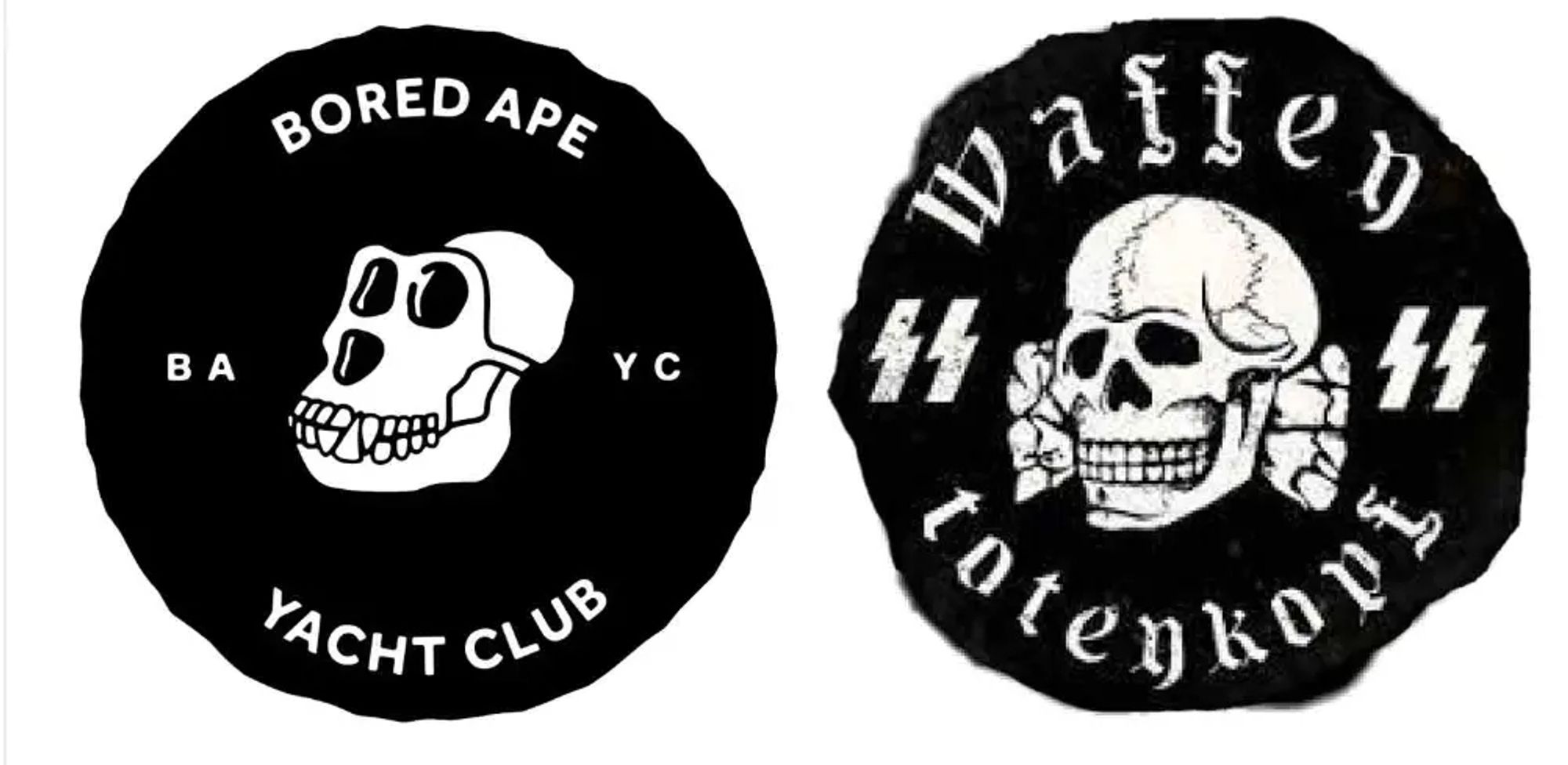 a side by side comparison of the Bored Ape Yacht Club logo and that of the SS-Totenkopfverbände