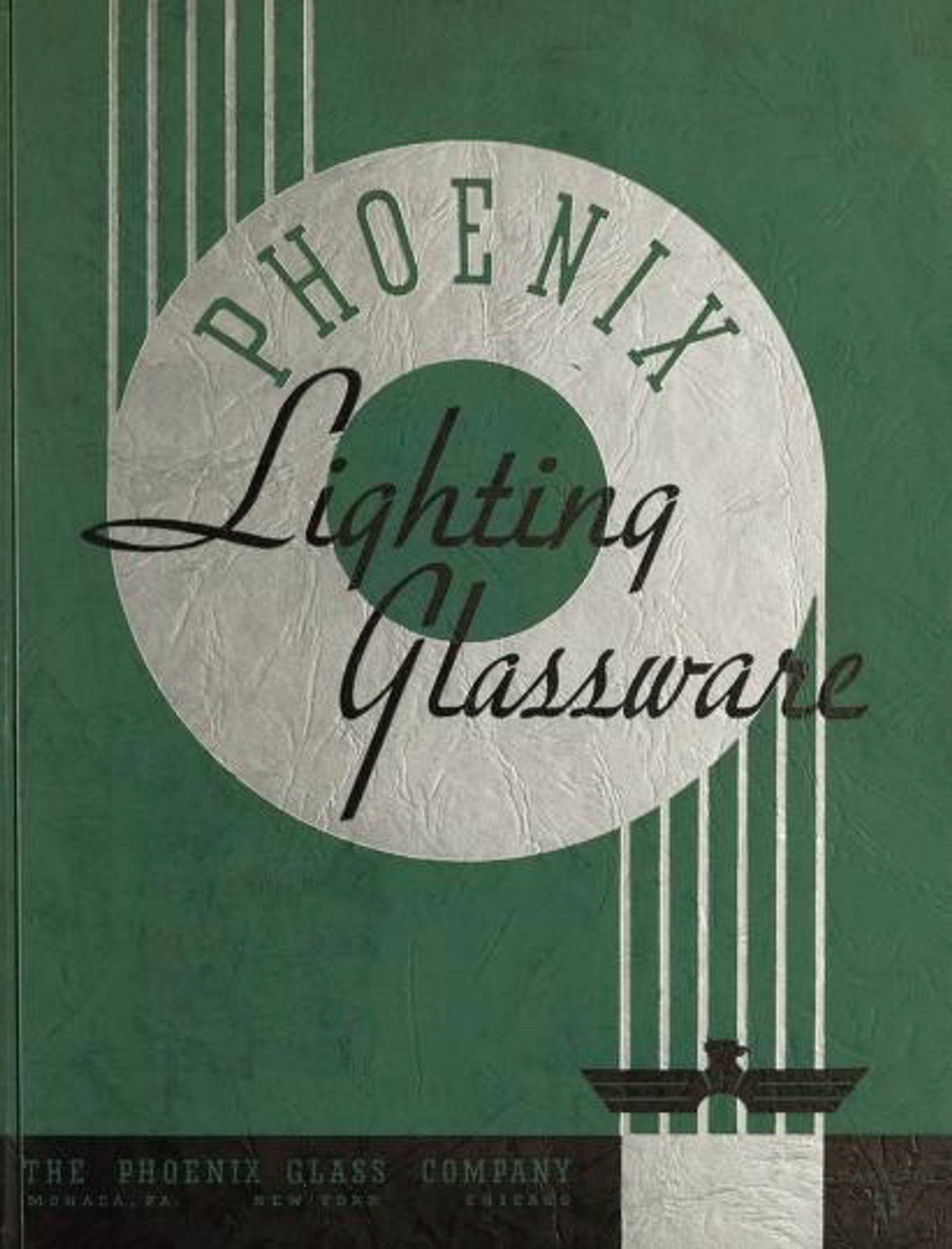 Phoenix Lighting Glassware
Phoenix Glass Company
Monaca, Pennsylvania 

A green background with a large silver ring in the center with a series of silver lines emerging top left and bottom right.  A small phoenix logo.