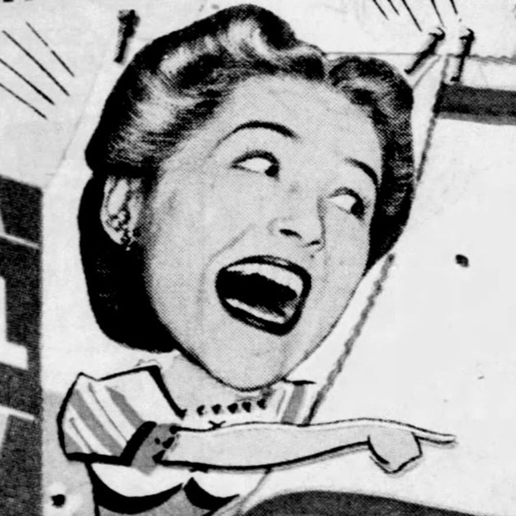 Detail of a photo of a euphoric woman’s head superimposed in a cartoon body.