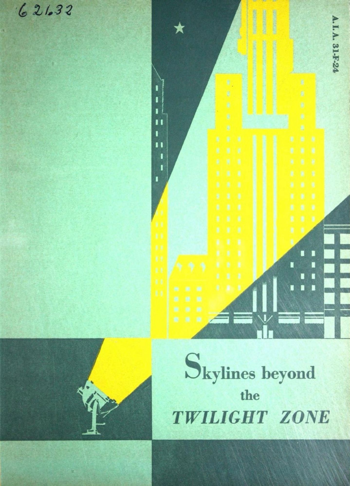 Skylines Beyond the Twilight Zone
Westinghouse Lamp Co.
Trenton, New Jersey 

The catalog is a “discussion of modern principles and practice in floodlighting.” The use of “Twilight Zone” here refers to lighting that falls short of adequate and full illumination, a problem the catalog blames for forfeited architectural beauty and commercial disadvantages. The catalog cover is in alternating light green and dark green rectangles of varying sizes. One panel shows a nighttime skyscraper view. It is being lit by a lamp in the lower left, which casts a vivid, diagonal yellow beam across and off the page.