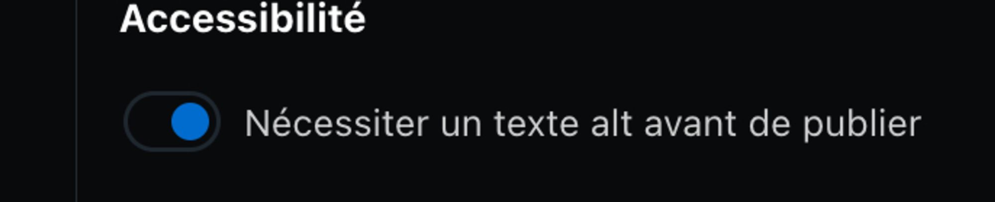 capture d'écran du menu de paramètre où l'on peut activer l'option d'accessibilité qui permet de ne pas oublier de mettre un alt texte avant d'envoyer !