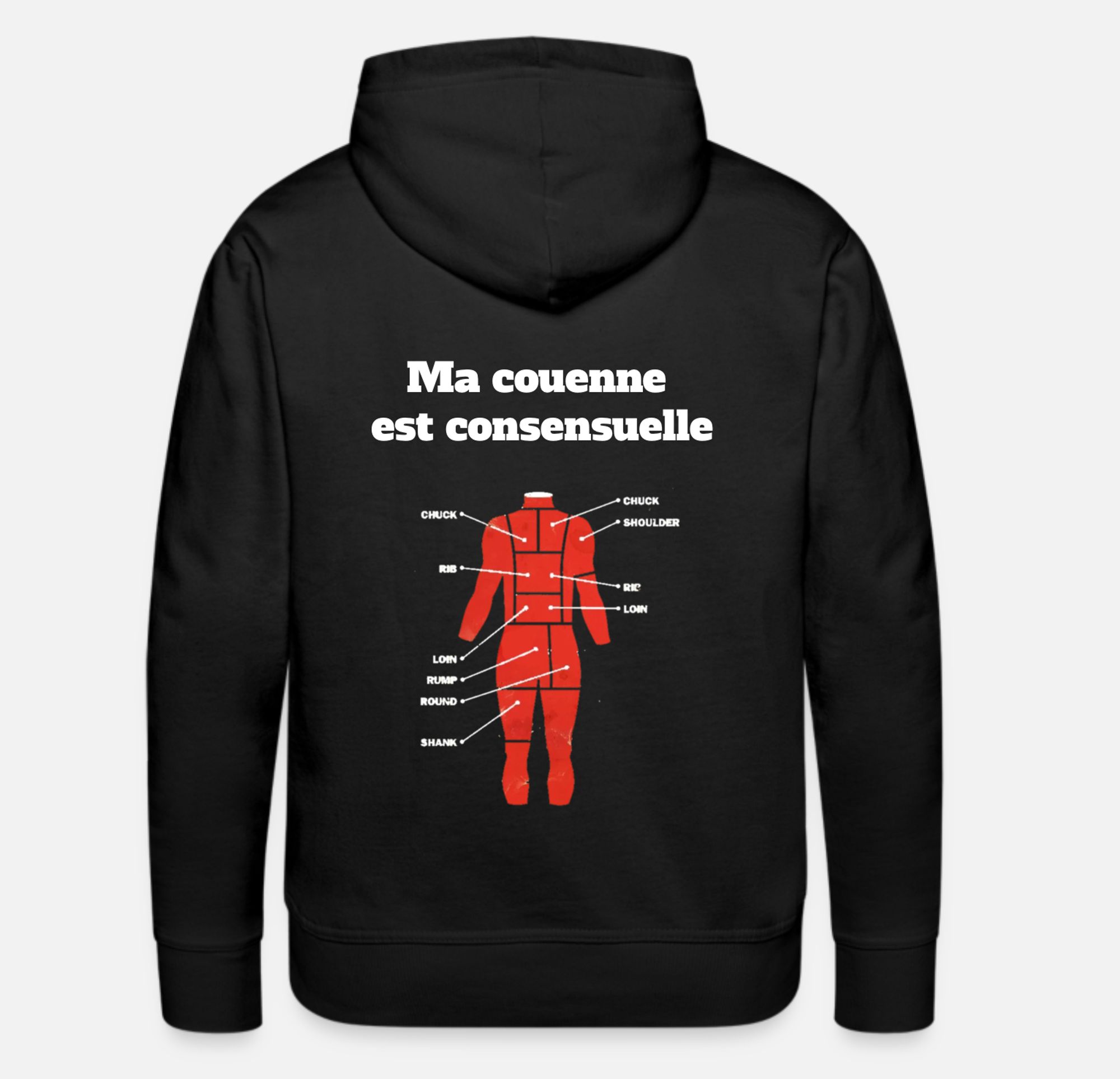 sweet avec decoupe de corps humain facon boeuf/cocon et le texte "Ma couenne est consensuelle"