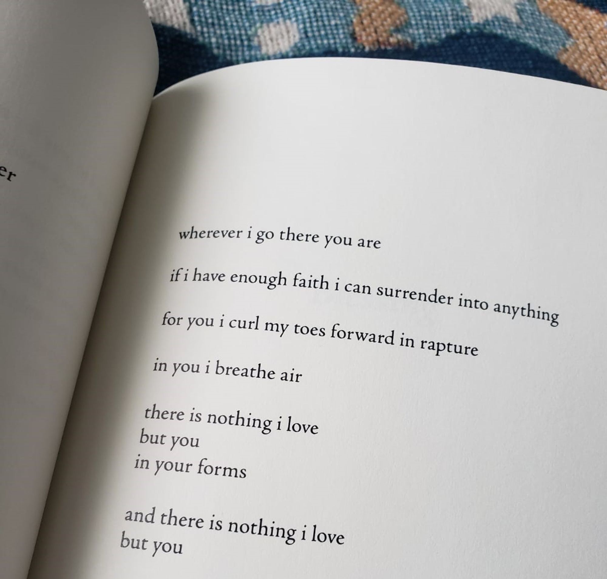 wherever i go there you are
if i have enough faith i can surrender into anything
for you i curl my toes forward in rapture
in you i breathe air
there is nothing i love
but you
in your forms
and there is nothing i love
but you