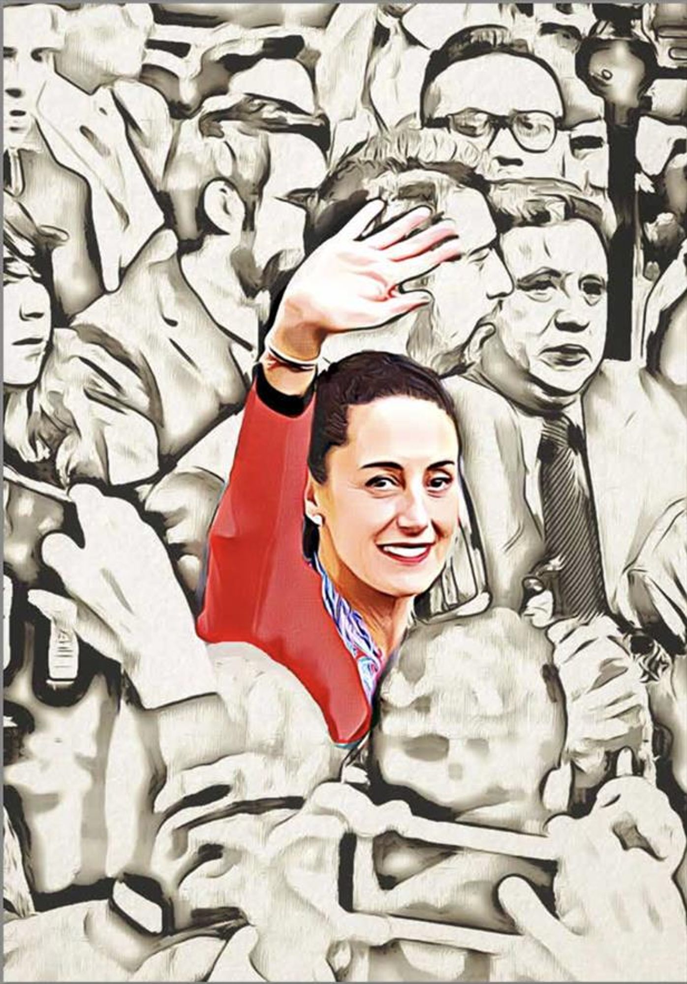 digital image of Sheinbaum in a red sweater and blue and white scarf  waving; she's in a crowd of gray statues .