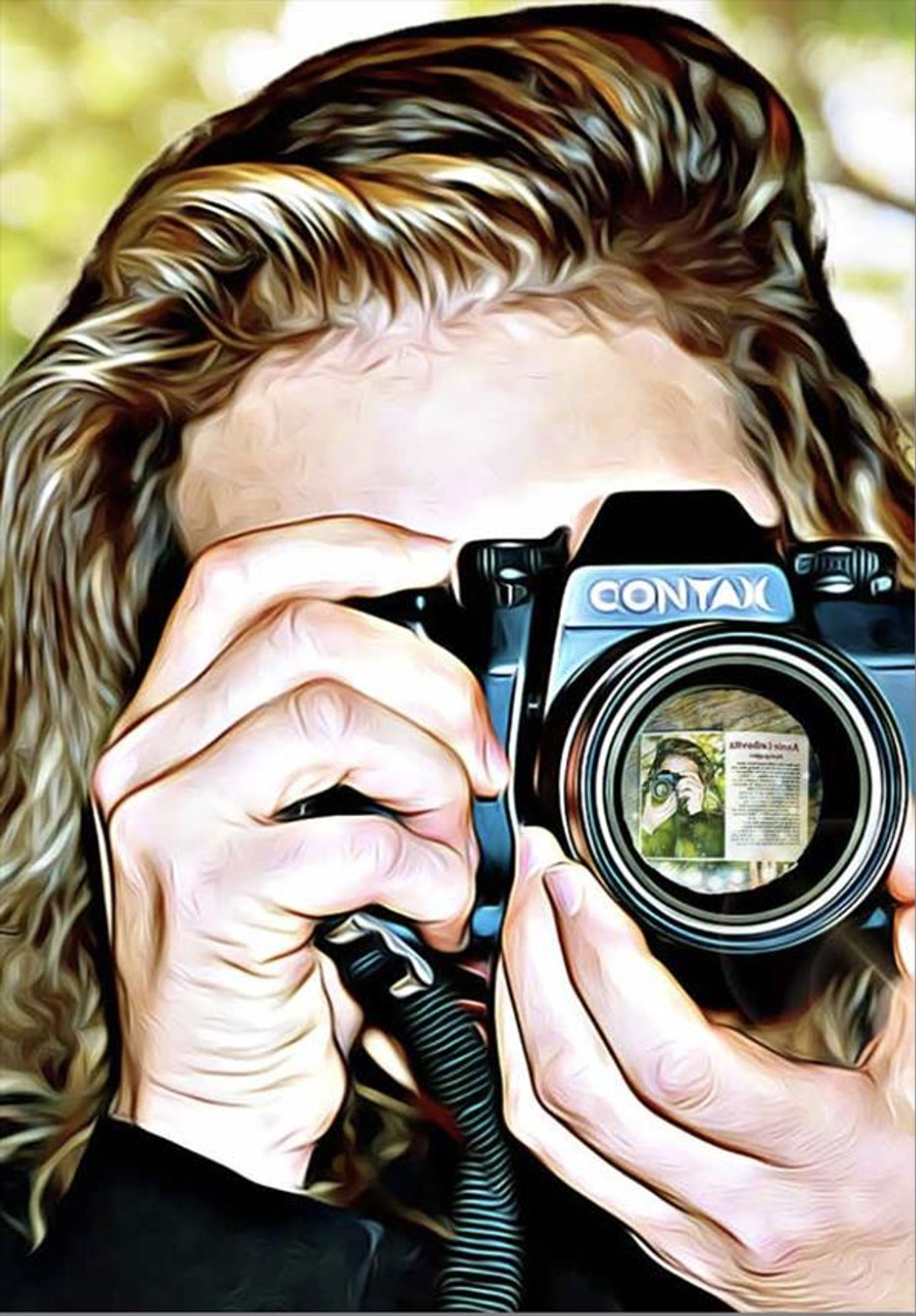 Digital illustration from Heroes with Chutzpah, showing Leibovitz holding a camera up to her face (which is completely obscured). In the camera lens is an image of Leibovitz taking the picture of herself we are looking at.