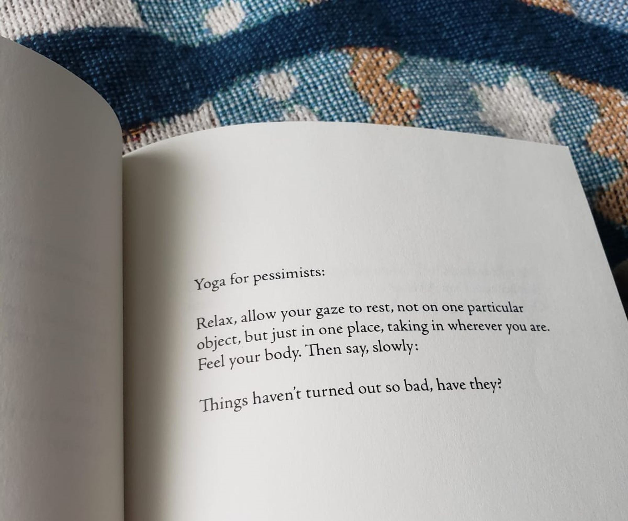 Yoga for pessimists:
Relax, allow your gaze to rest, not on one particular
object, but just in one place, taking in wherever you are.
Feel your body. Then say, slowly:
Things haven’t turned out so bad, have they?