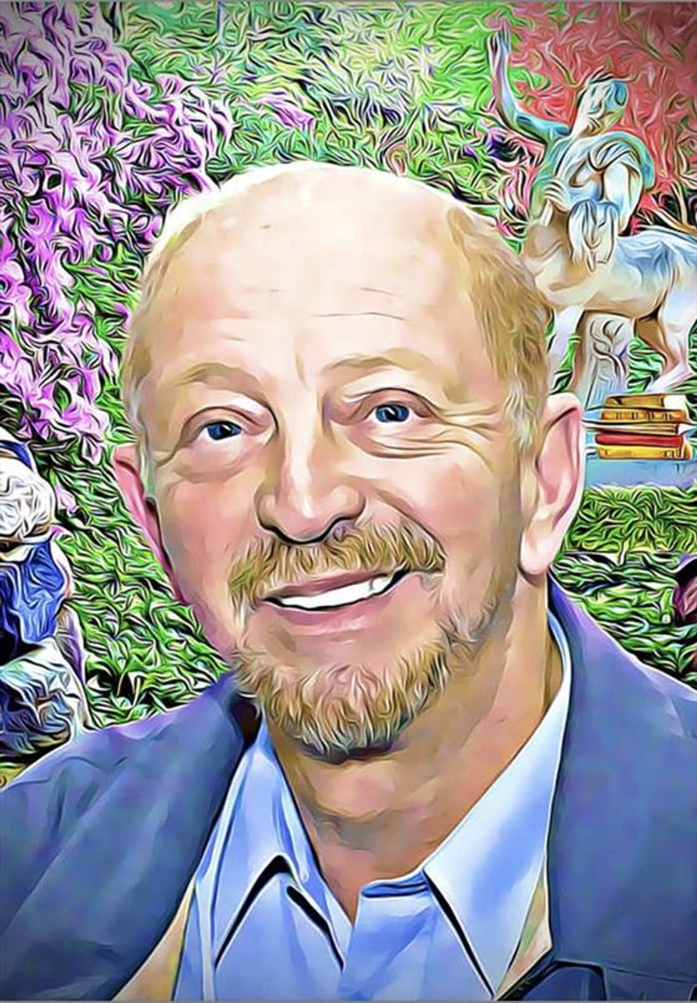 Digital image of Scliar by Cohen. Shows a balding man with brown hair, a brown curly bear and mustached, blue eyes, and smile lines; he's wearing a collared blue shirt that exposes his neck. Behind him is a textured ladnscape of trees and purple and red flowers. There's also a statue ofa centaur with one armed raised; there are books at its base.