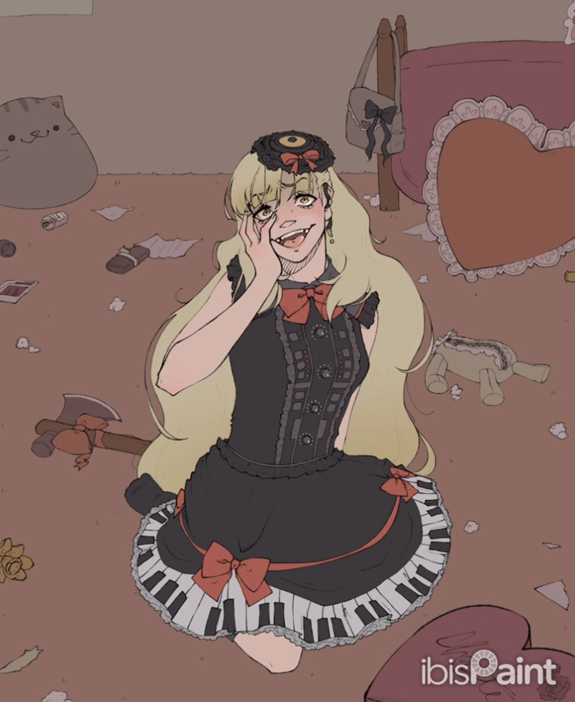 Vocaloid Mayu sitting in her room with a bloody axe and blood on her face flat colored