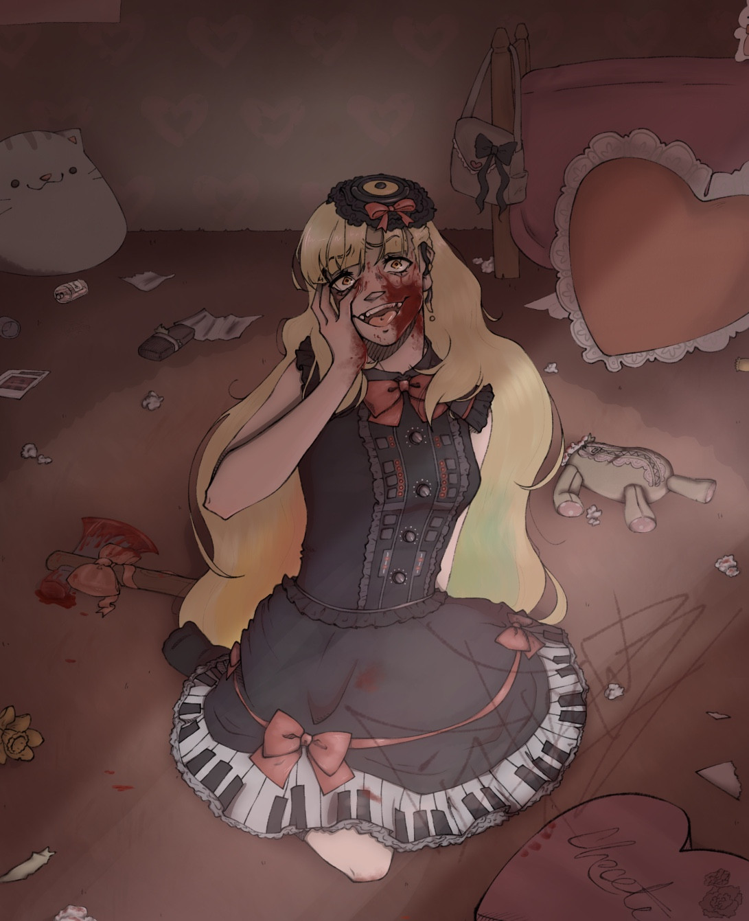 Vocaloid Mayu sitting in her room with a bloody axe and blood on her face rendered