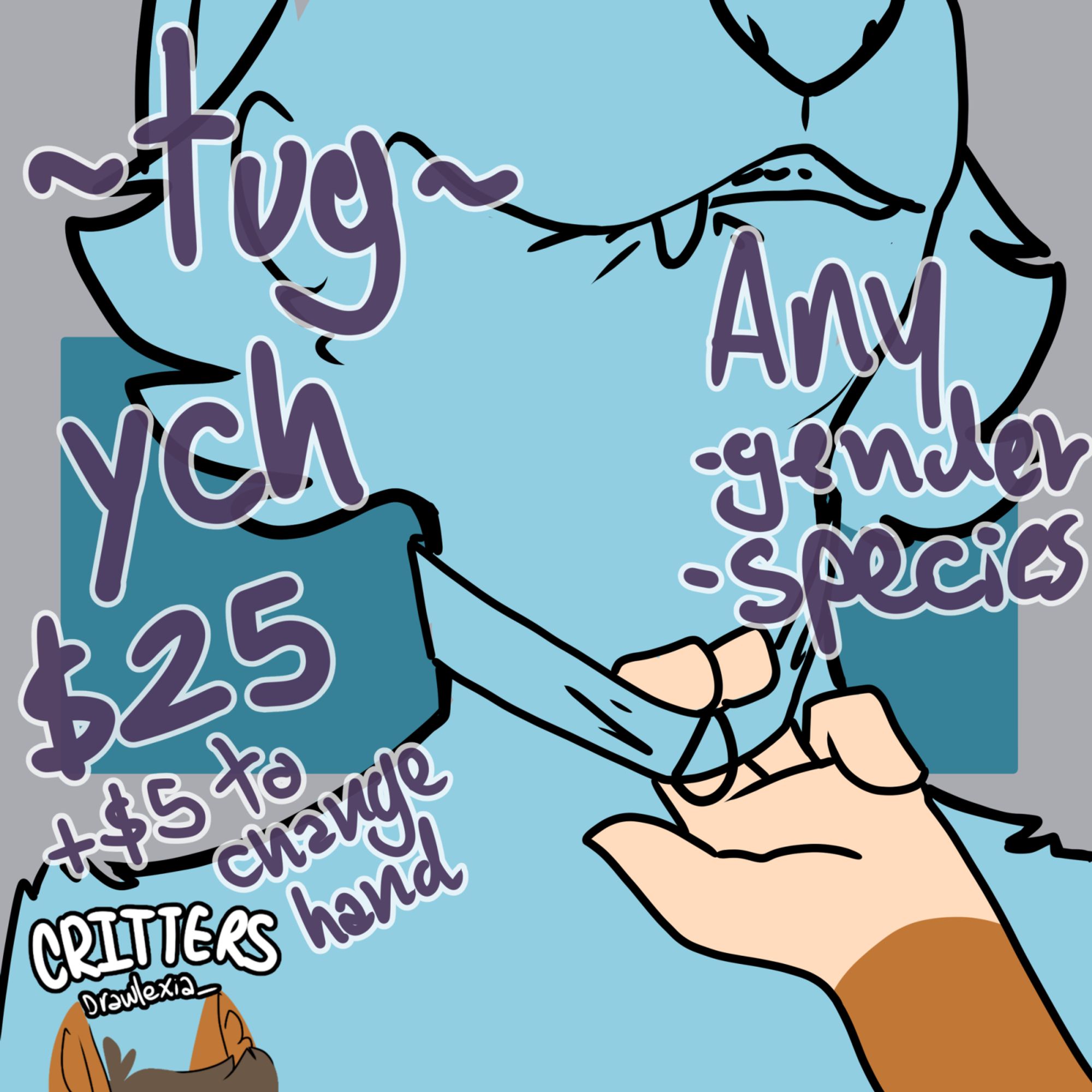 Digital illustration of the lower head, neck, and chest of a nondescript anthropomorphic character, they're wearing a collar which is being pulled by a hand, there's text on the image that reads "~tug~ / YCH $25 / +$5 to change hand / Any Gender or Species"