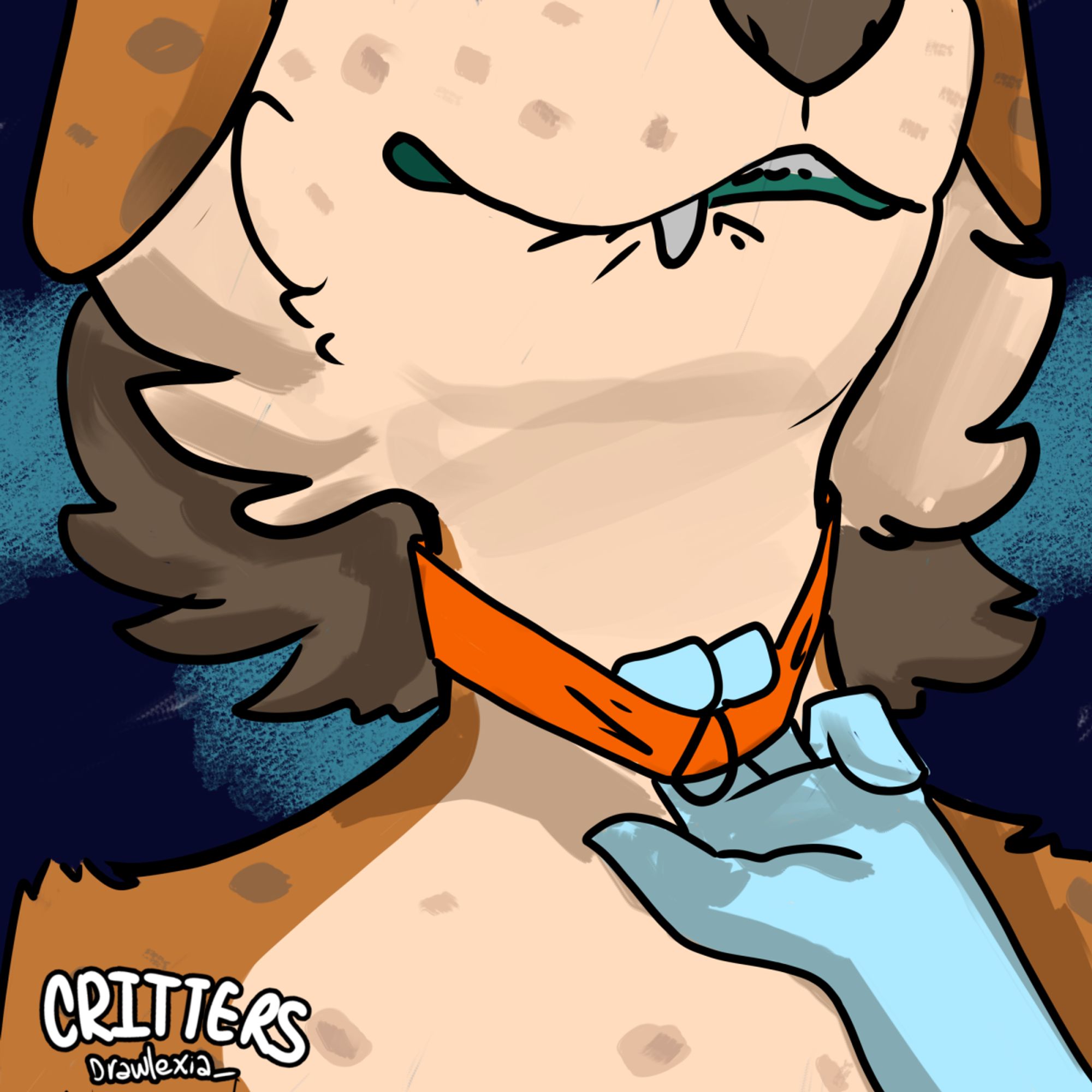 digital illustration of an anthro dog, zoomed in on the neck, she's wearing an orange collar which is getting tugged by a nondescript hand, she's biting her lip and looking slightly upwards