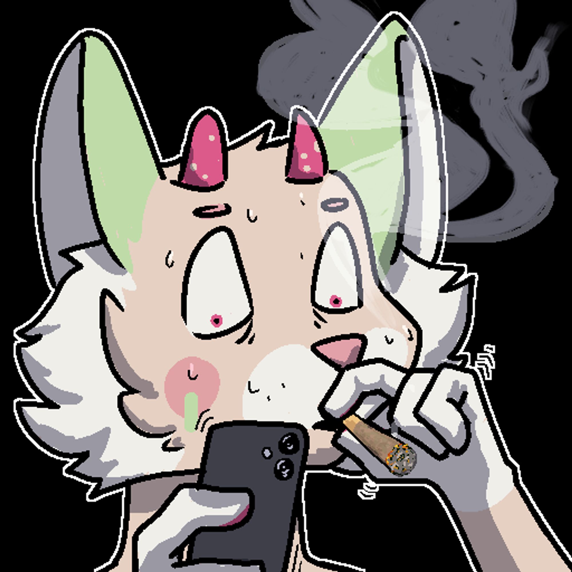 Digital Illustration of an anthro strawberry cat, she is anxiously smoking a joint while looking at her phone with massive concern