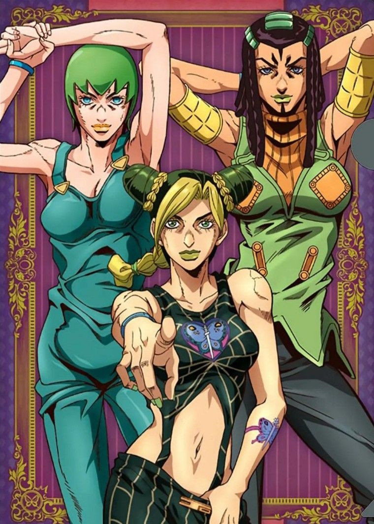 jolyne kujo (middle), ermes costello (right), and foo fighters (left) from jjba stone ocean