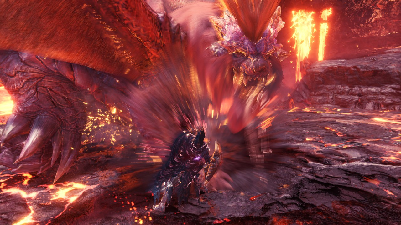 Screenshot of Monster Hunter World. Dramatic shot of the finale of a Teostra hunt.