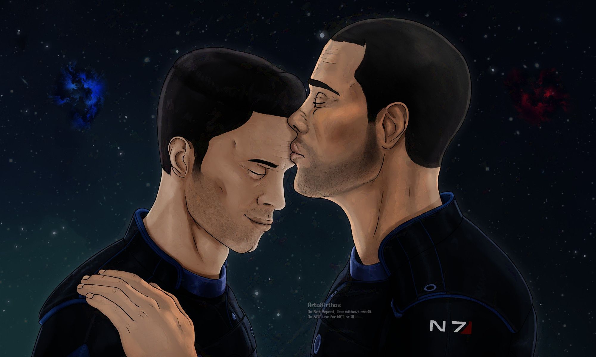 Shelenko (MShep X Kaidan Alenko) pairing from Mass Effect. They are both seen embracing with MShep giving a smooch to Kaidan's forehead. They both have their eyes closed. There are distinctly colored nebula clouds in the starry sky background signifying the game series' Paragon and Renegade morality system.