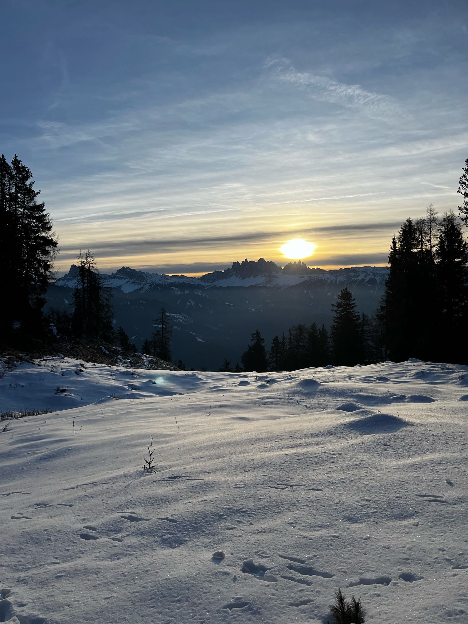 Sunrise over the Dolomites. Snowy landscape