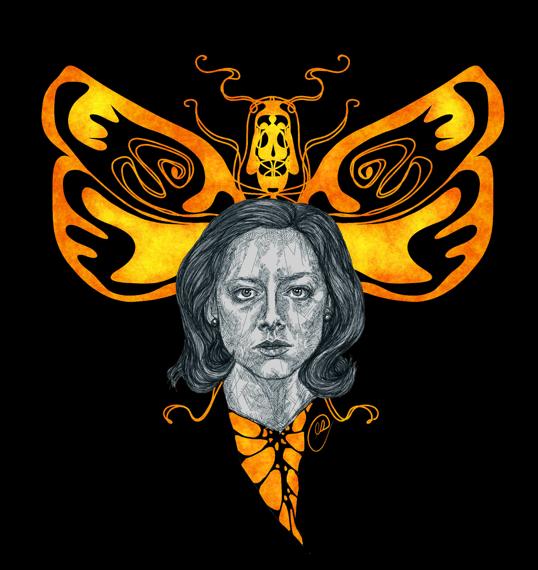 Digital drawing of Clarice from The Silence of the Lambs drawn in greys against a black background with a death's head hawkmoth behind her done in yellows and oranges.