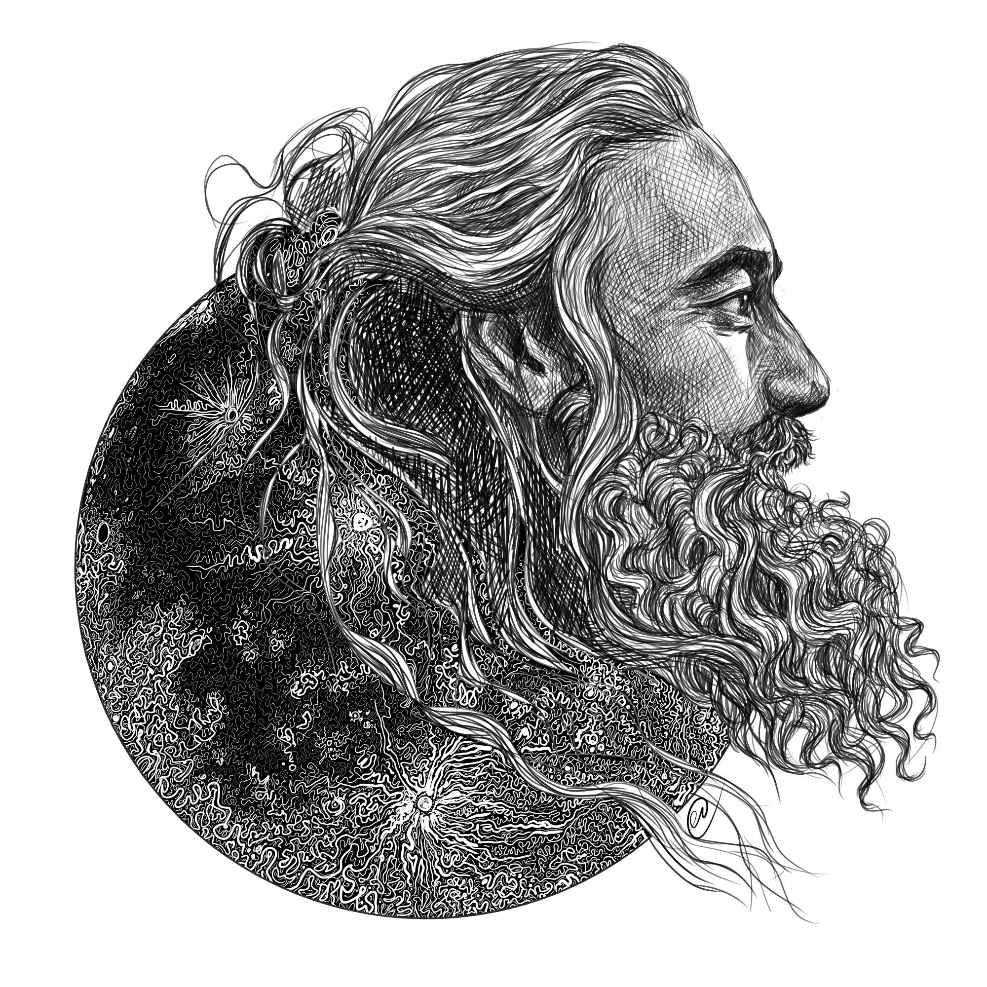 Digital drawing of Ed Teach (Blackbeard) from Our Flag Means Death in profile with a moon behind his head.