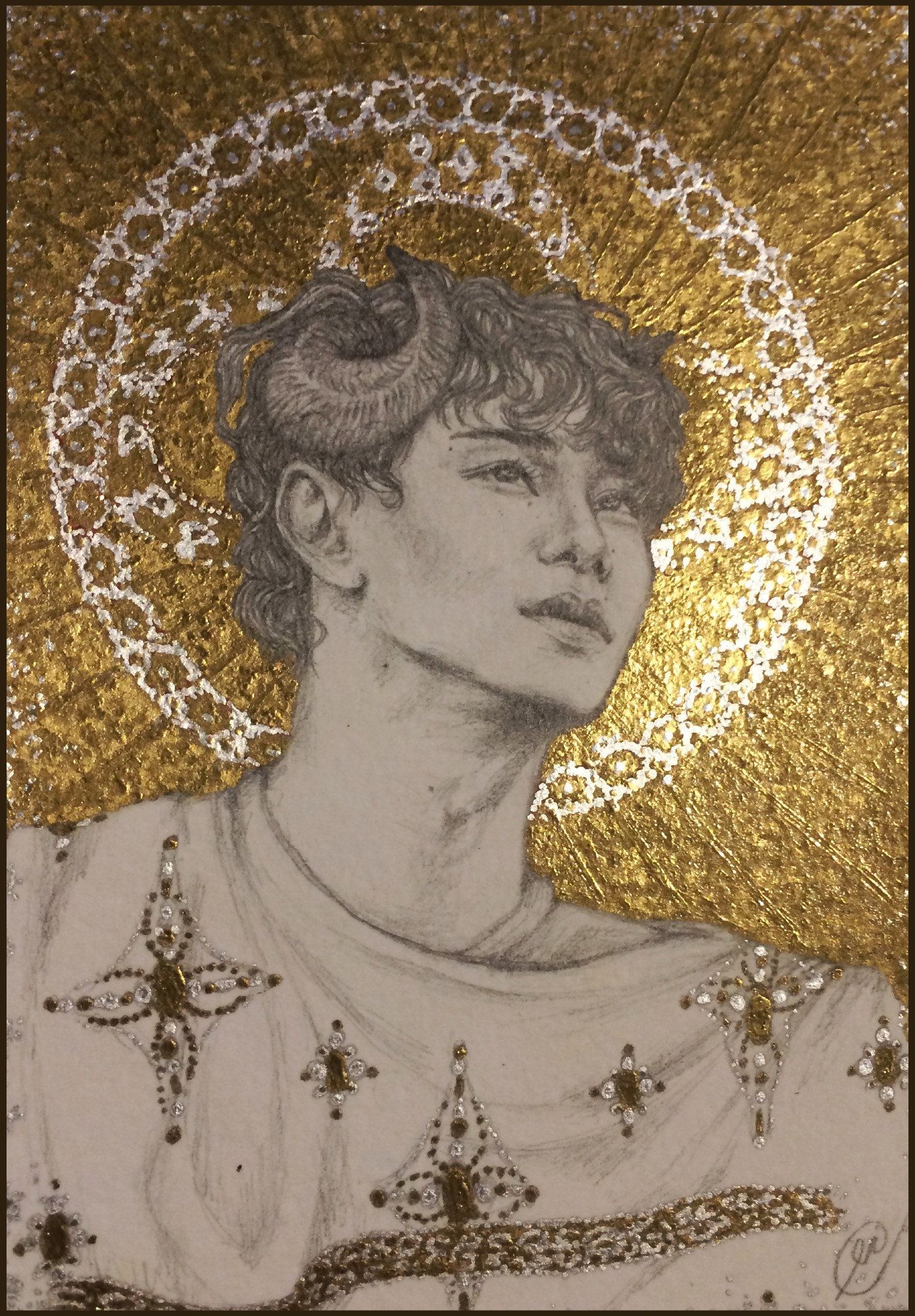 Pencil drawing of Chen from EXO with curly hair and a horn on his head against a gold and silver background.