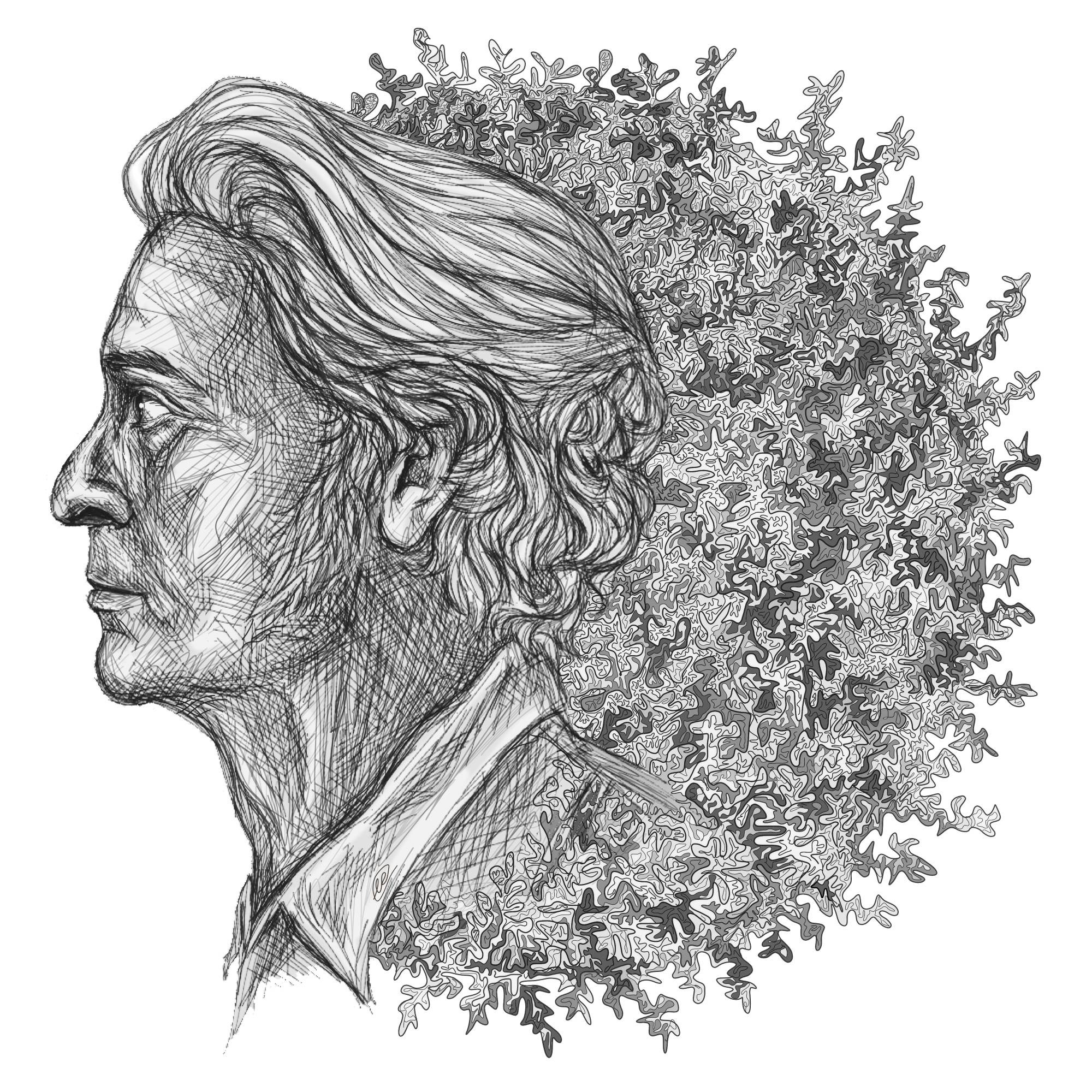 Digital drawing of Stede Bonnet in profile with a sun filled with squiggles behind his head.