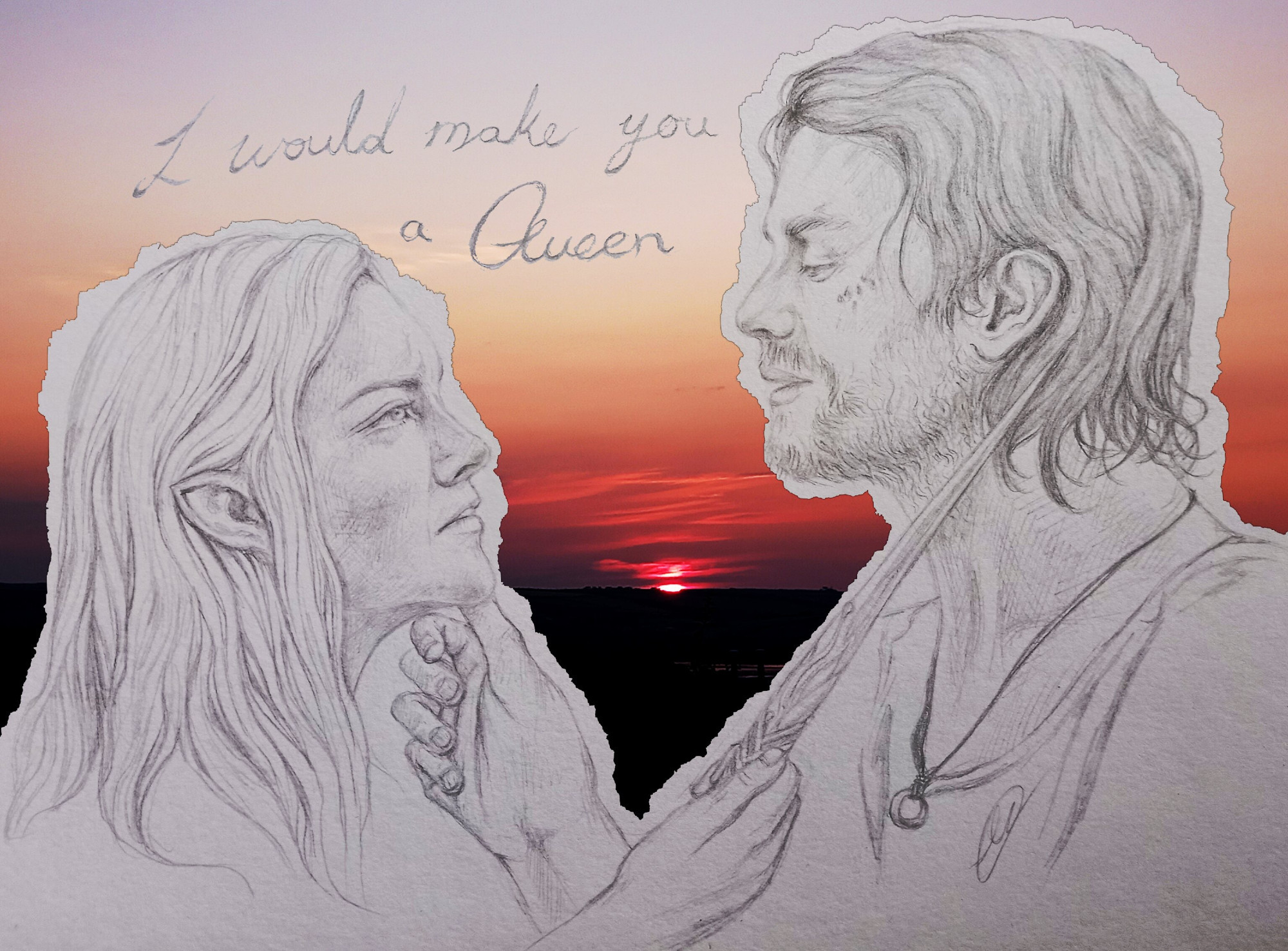 Pencil drawing of the characters Galadriel and Halbrand (Sauron) from Rings Of Power. She's holding a dagger up to his neck as he holds her chin up with his hand. The background is a red sunrise. The quote 'I would make you a Queen' is floating in the sky above them.