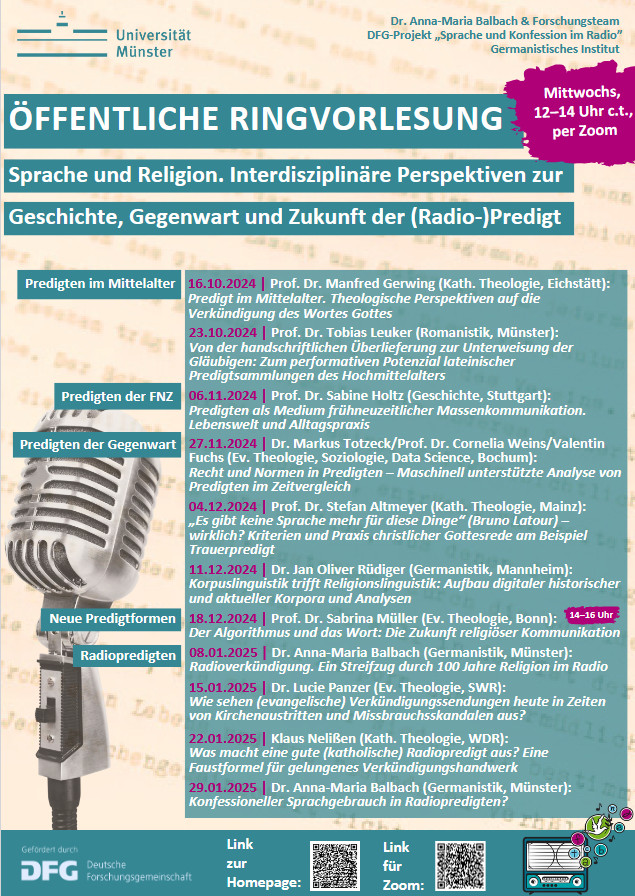 Veranstaltungsplakat: Öffentliche Ringvorlesung "Sprache und Religion. Interdisziplinäre Perspektiven zur Geschichte, Gegenwart und Zukunft der (Radio-)Predigt. Mittwochs, 12-14 Uhr c.t. per Zoom. 