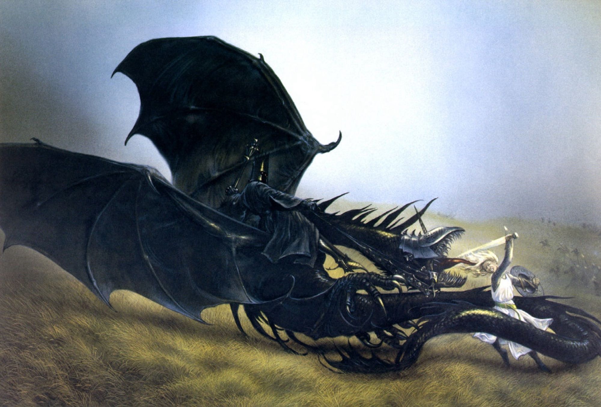 Eowyn Slays the Witch King by John Howe

A stunning blonde swordswoman with wild white blonde hair hacks at a black, batwinged dragonish creature carrying a black-clad, grimly humanoid knight