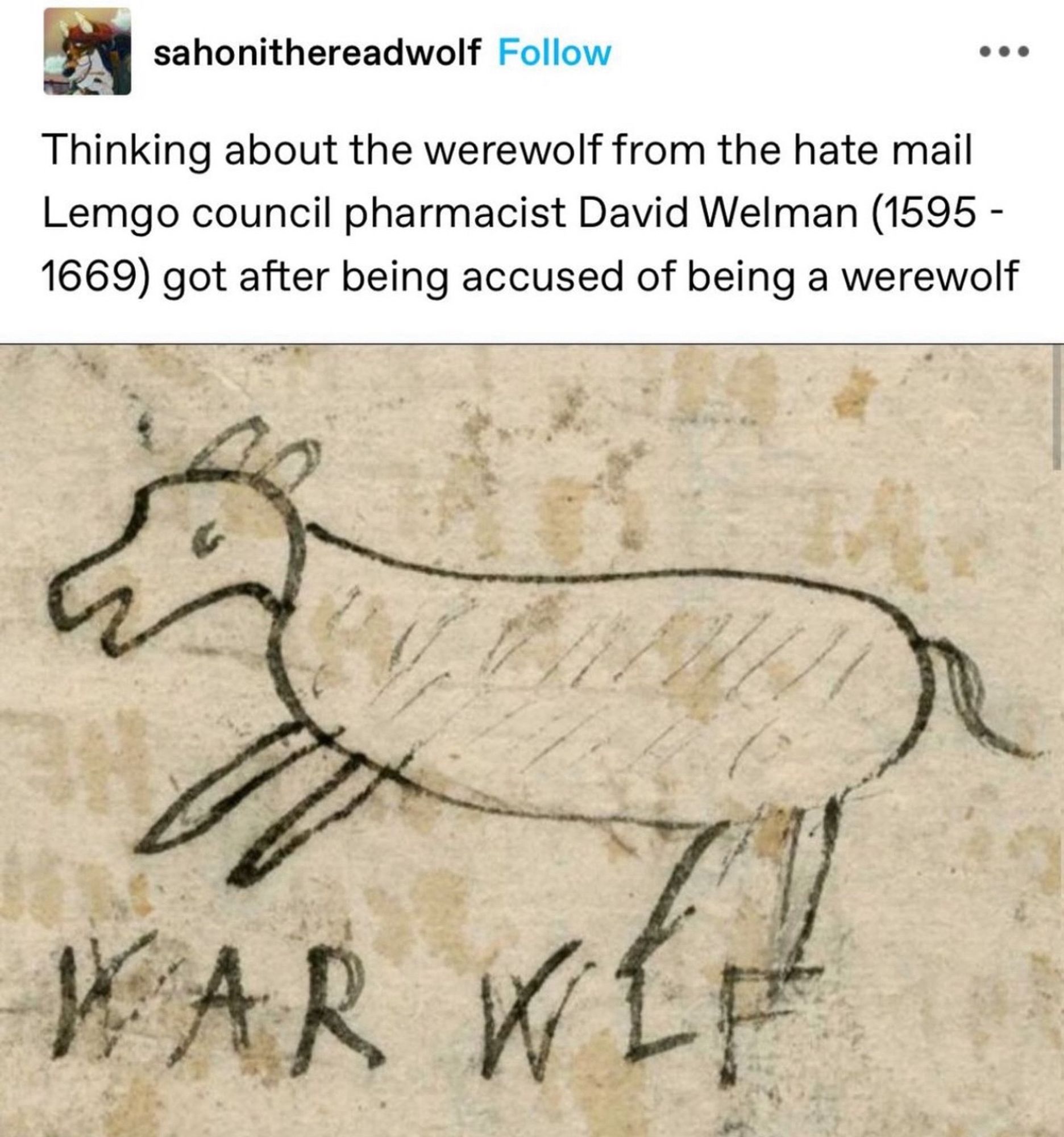 IG account @sahonithereadwolf:

“Thinking about the werewolf from the hate mail Lemgo council pharmacist David Welman (1595 -
1669) got after being accused of being a werewolf”