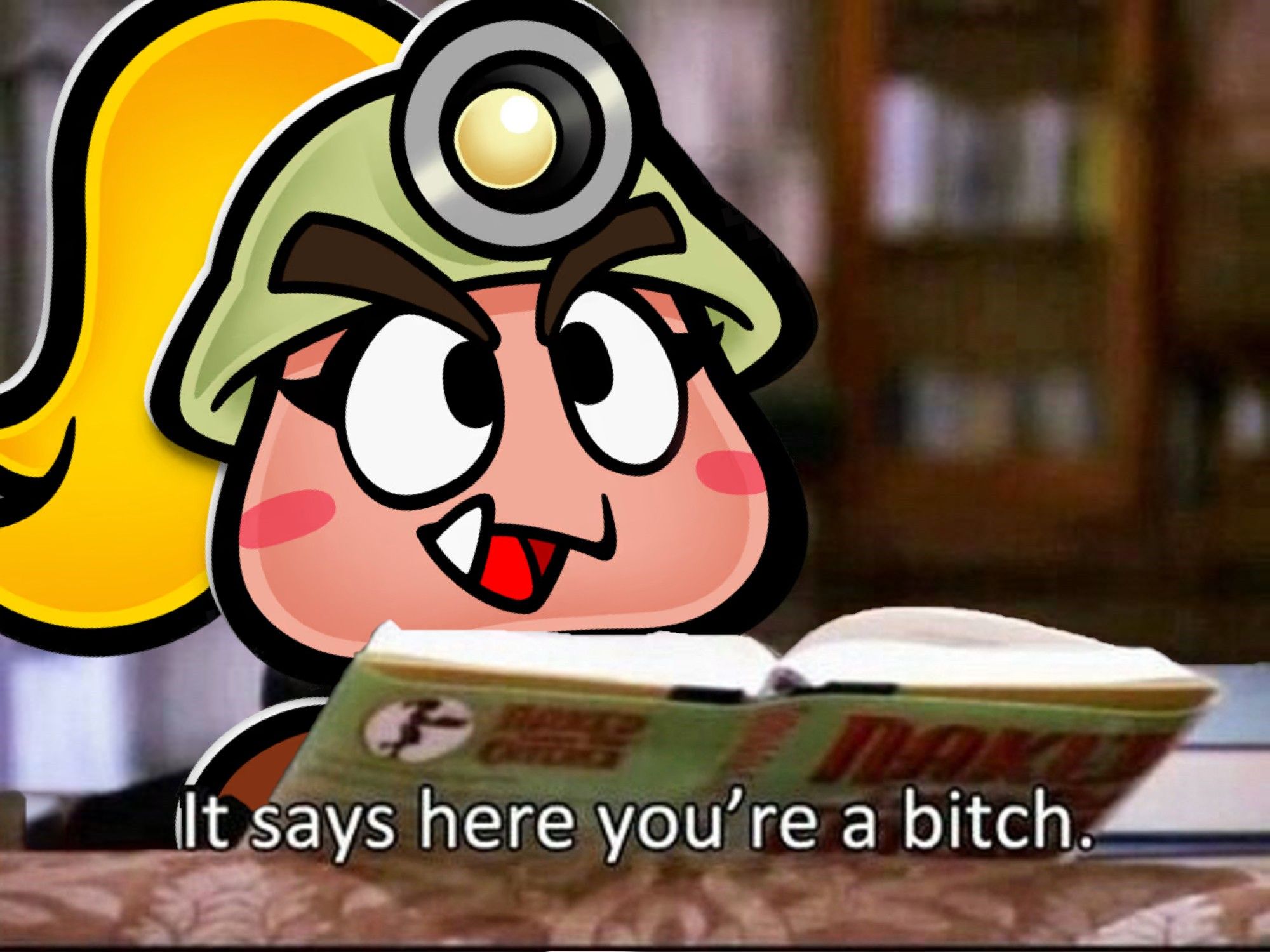 Goombella from Paper Mario, a cute goomba girl with a hat and a ponytail, looks up from behind a book and says, "It says here you're a bitch."