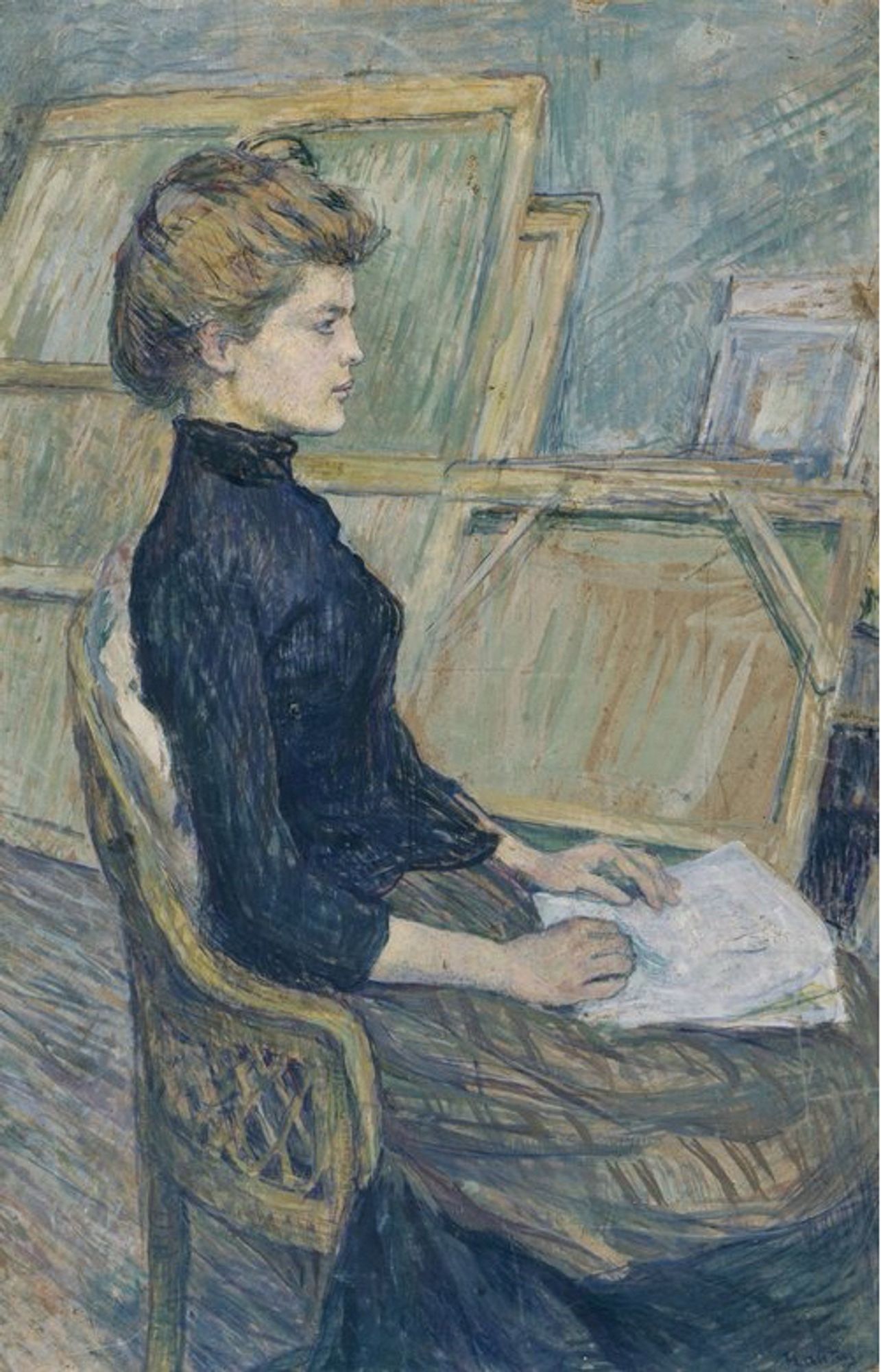 Gemälde „Junges Mädchen im Atelier (Hélène Vary)“ von Henri de Toulouse-Lautrec (1889): eine blasse, schöne junge Frau im Profil mit hochgestecktem Haar, hochgeschlosser schwarzer Bluse über weit fallendem bräunlichen Rock; sehr aufrecht und stolz sitzend in einem Korbstuhl, eine Zeitung auf ihrem Schoß. Im Hintergrund bespannte Leinwände.